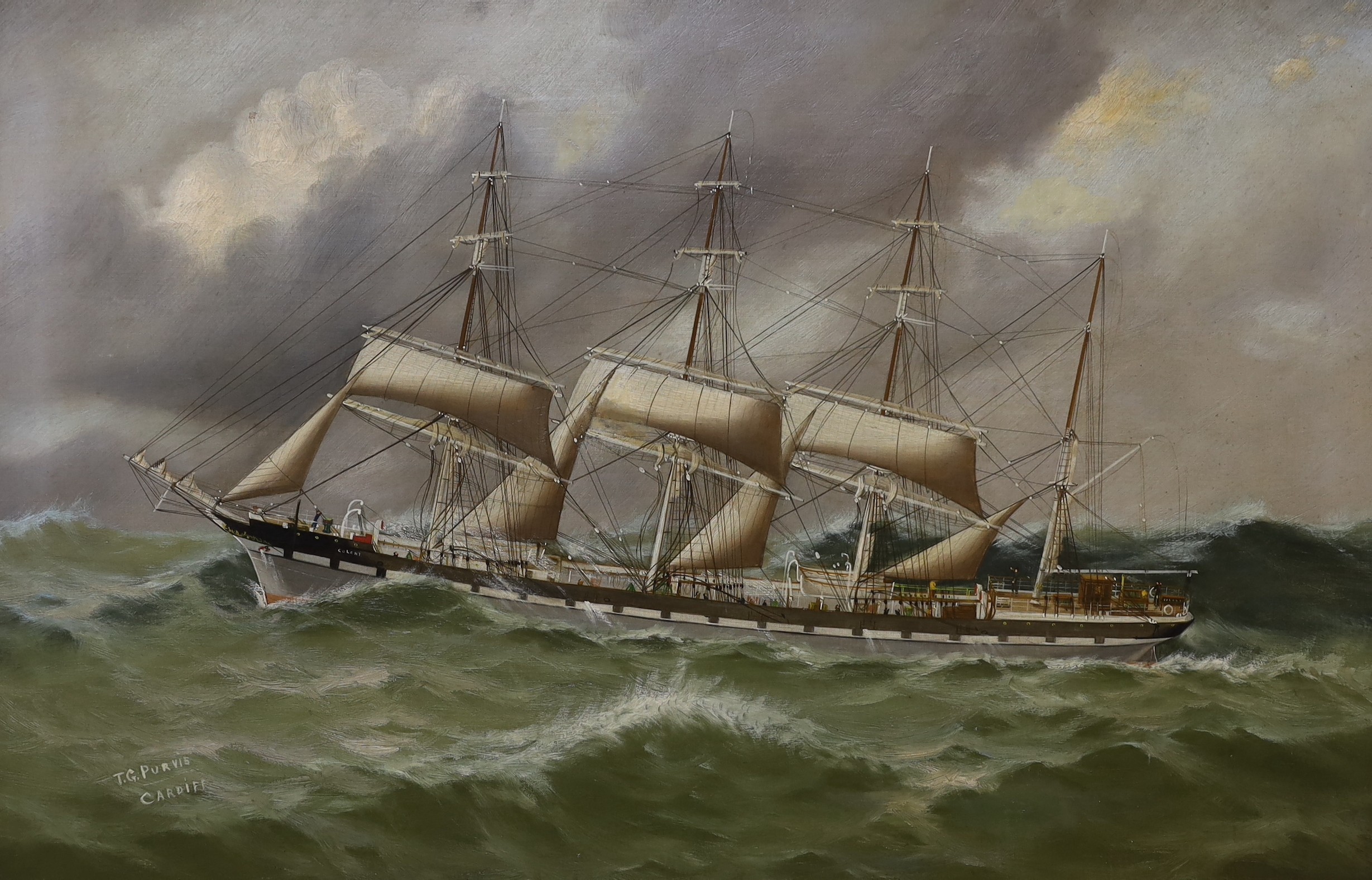 Thomas G. Purvis of Cardiff (1861-1933), oil on canvas, Four master merchant ship 'Colony' at sea, signed, 58 x 89cm                                                                                                        