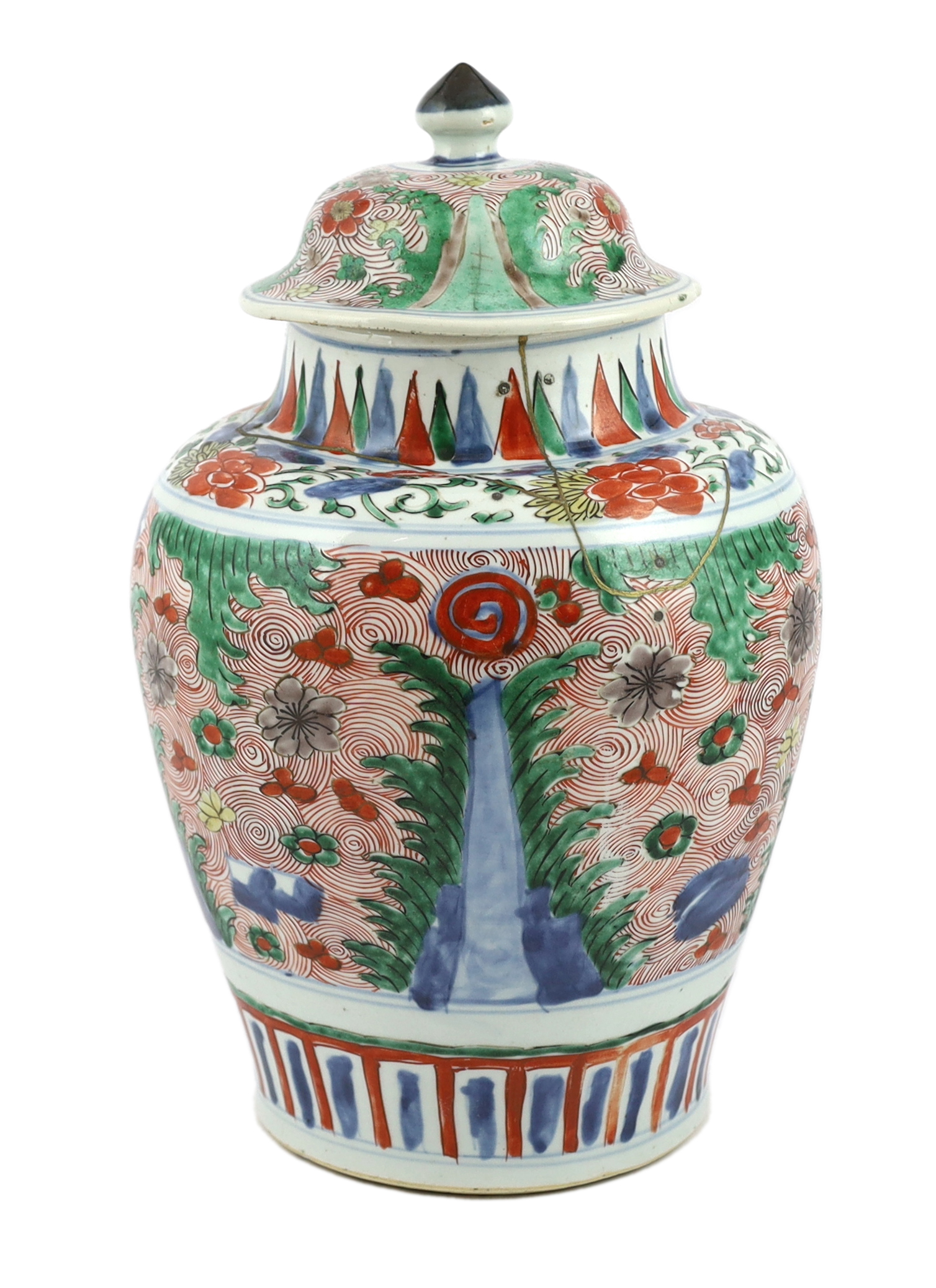 A Chinese wucai ovoid vase and cover, Transitional, Shunzhi period, broken with kintsugi style repair                                                                                                                       