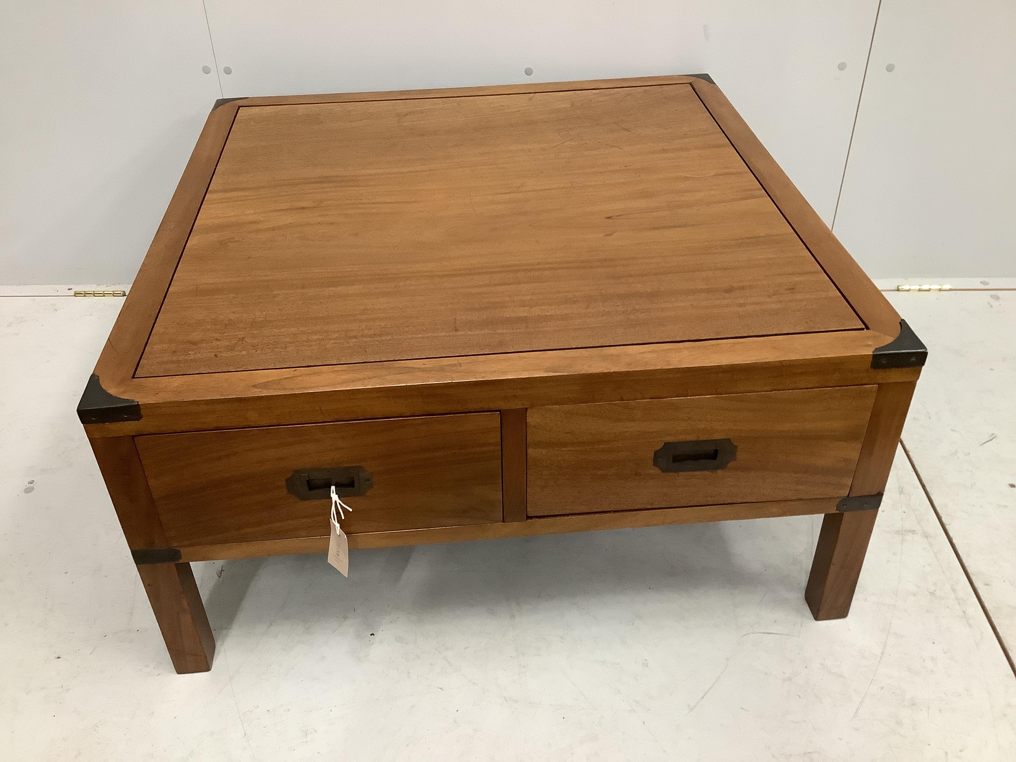 A reproduction military style square brass mounted mahogany four drawer coffee table, 90cm, height 45cm                                                                                                                     