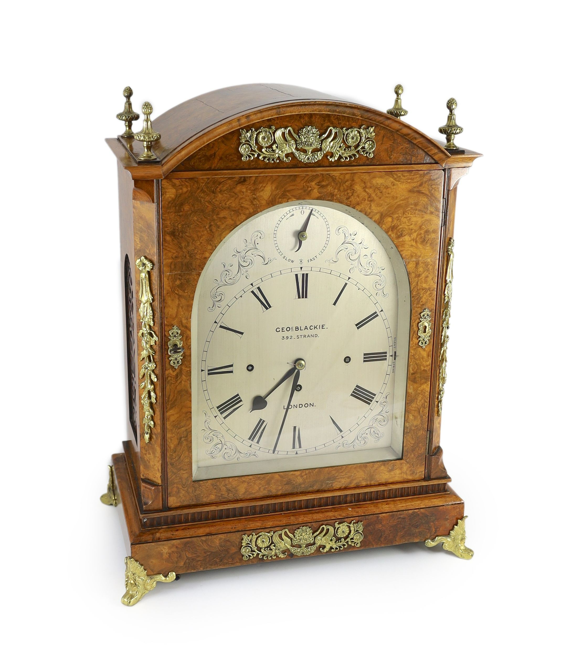 George Blackie, 392 Strand, London. A late Victorian figured walnut repeating chiming bracket clock, width 44cm, depth 26cm, height 57cm                                                                                    