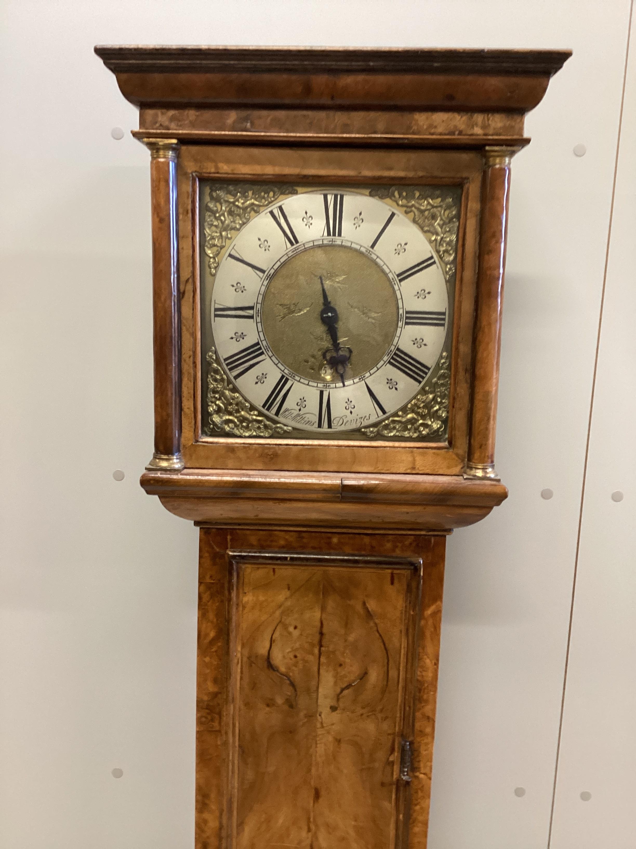 William Wilkins, Devizes. An 18th century 10 inch thirty hour longcase clock dial with date aperture, later figured walnut case height 178cm.                                                                               