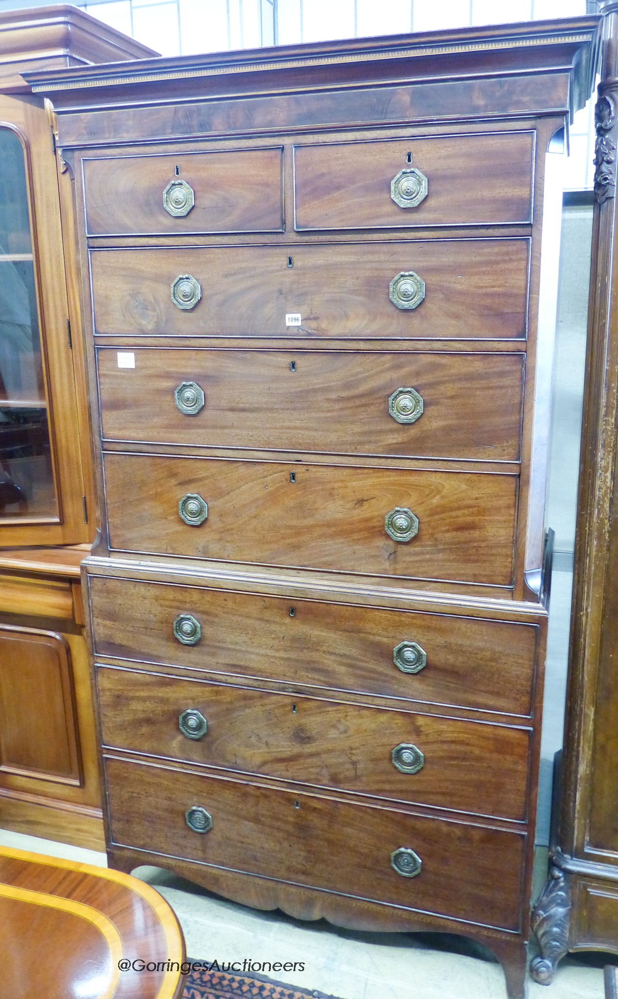 A George III mahogany chest on chest. W-112, D-56cm, H-201cm.                                                                                                                                                               