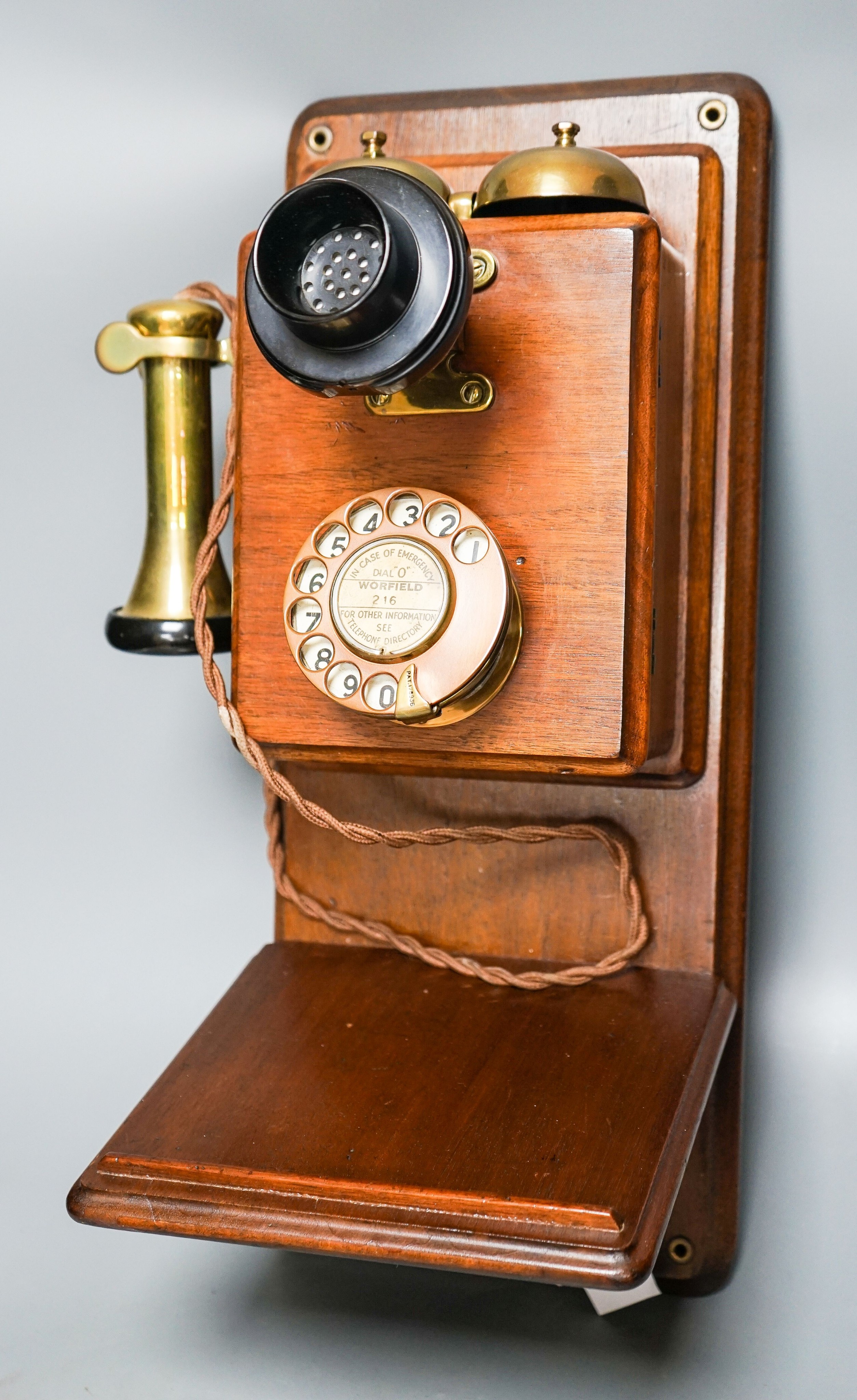 A mahogany cased Worfield telephone, patent 178936 48cm                                                                                                                                                                     