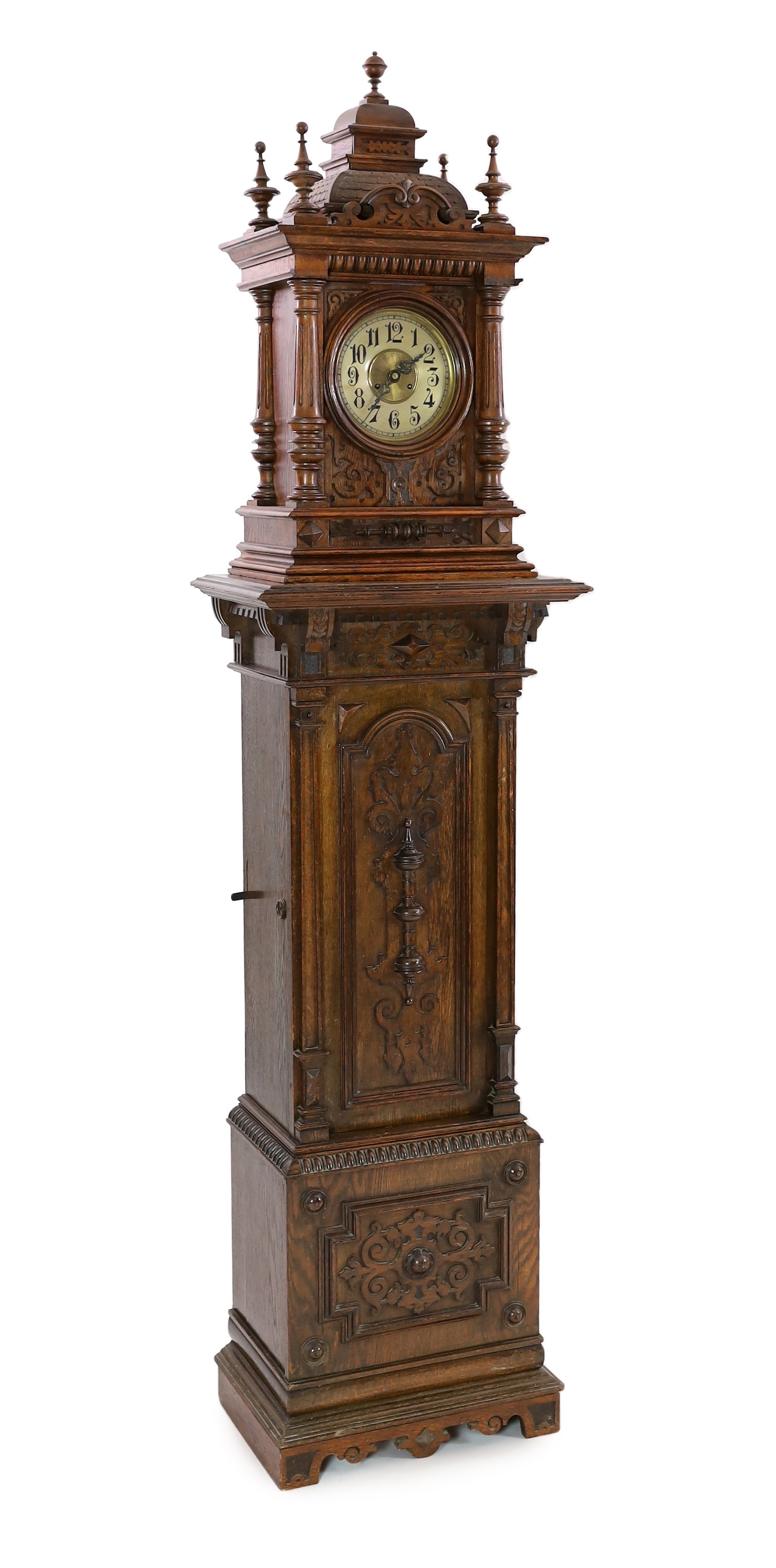 A Symphonion oak musical longcase hall clock, c.1895, playing 13.5in. discs, width 58cm depth 37cm height 235cm                                                                                                             