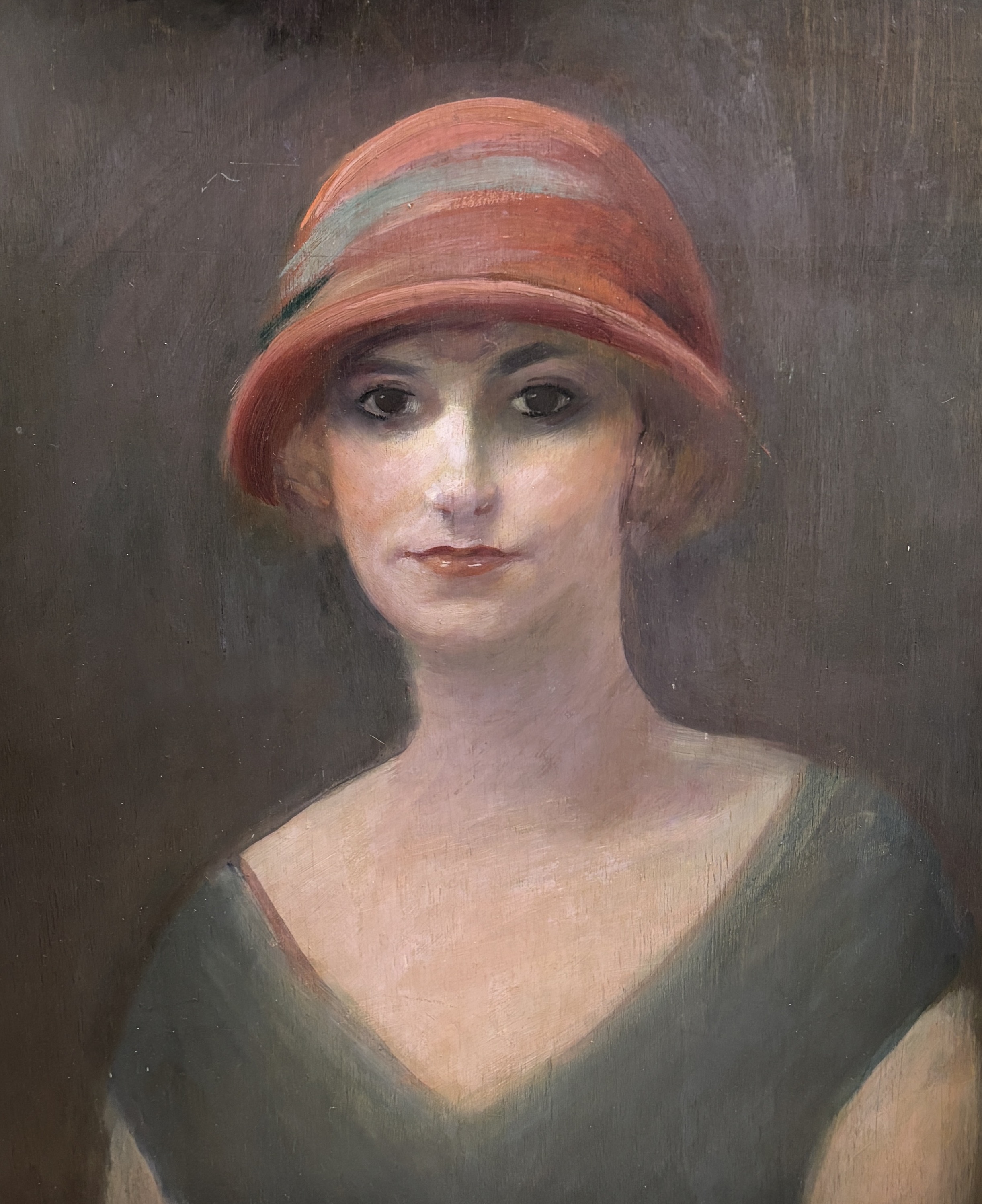 Oil on board, possibly Danish, Head and shoulders portrait of an Art Deco woman, 59 x 50cm                                                                                                                                  