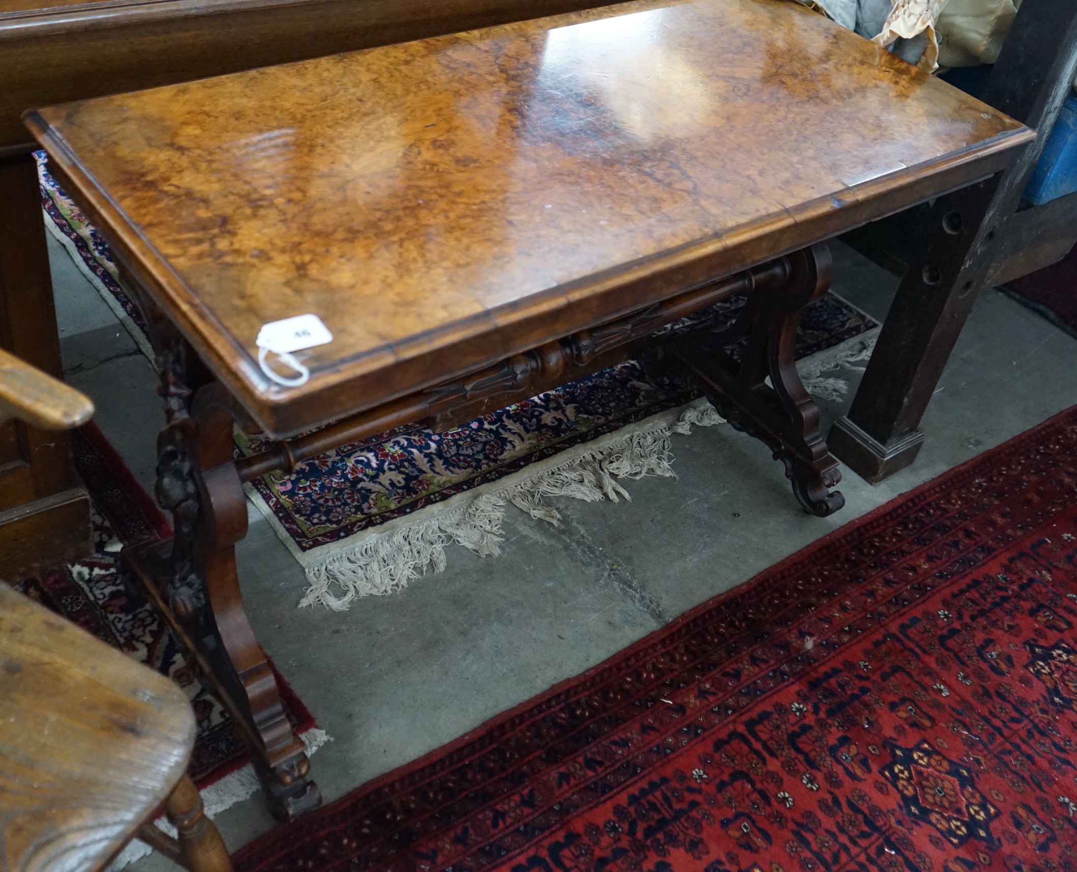 A Victorian rectangular figured walnut centre table, width 106cm, depth 50cm, height 72cm                                                                                                                                   