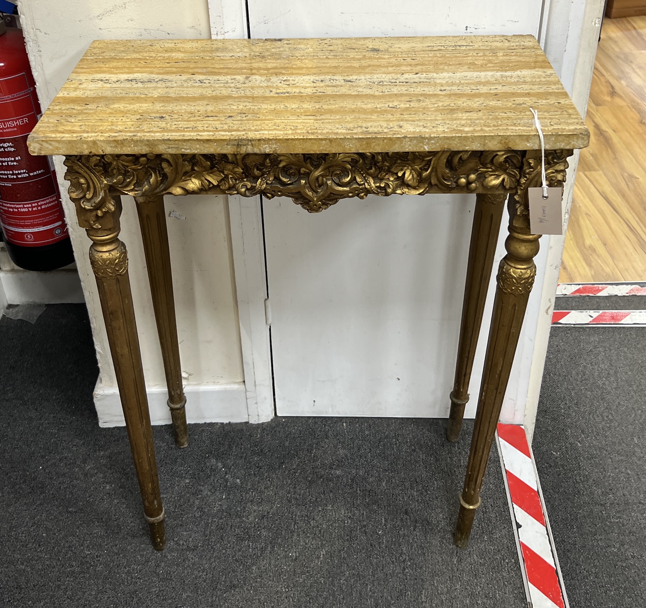 A Louis XVI style giltwood and composition marble topped side table, width 61cm, depth 30cm, height 76cm                                                                                                                    