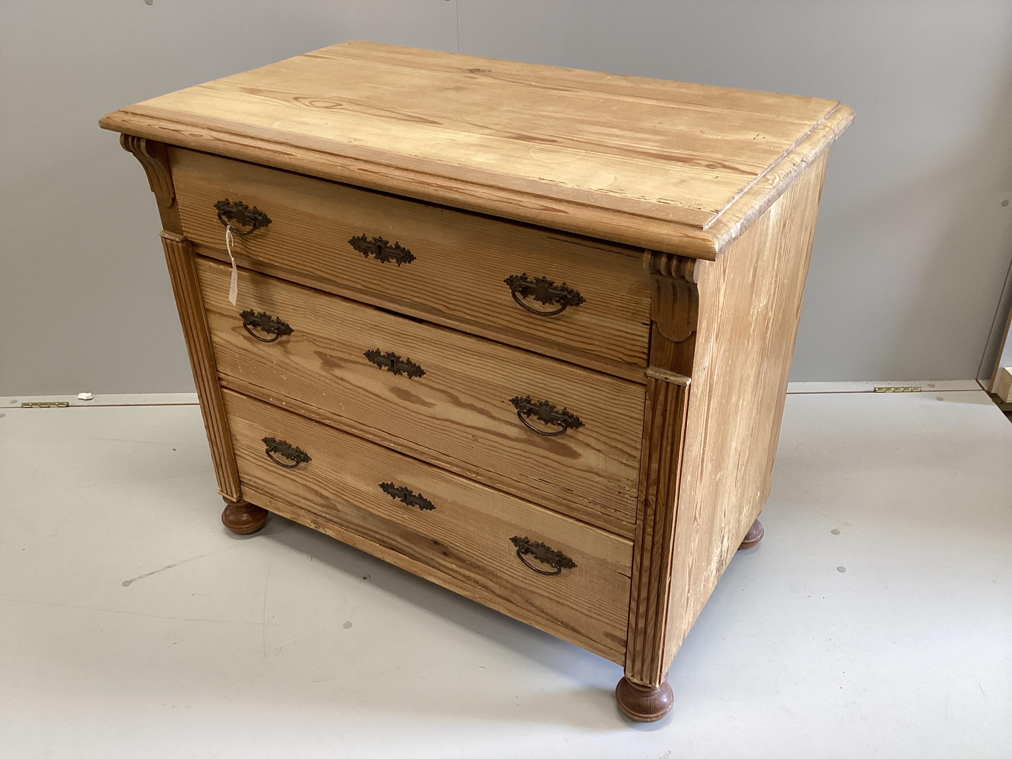 A small 19th century East European pine three drawer chest, width 96cm, depth 56cm, height 82cm                                                                                                                             