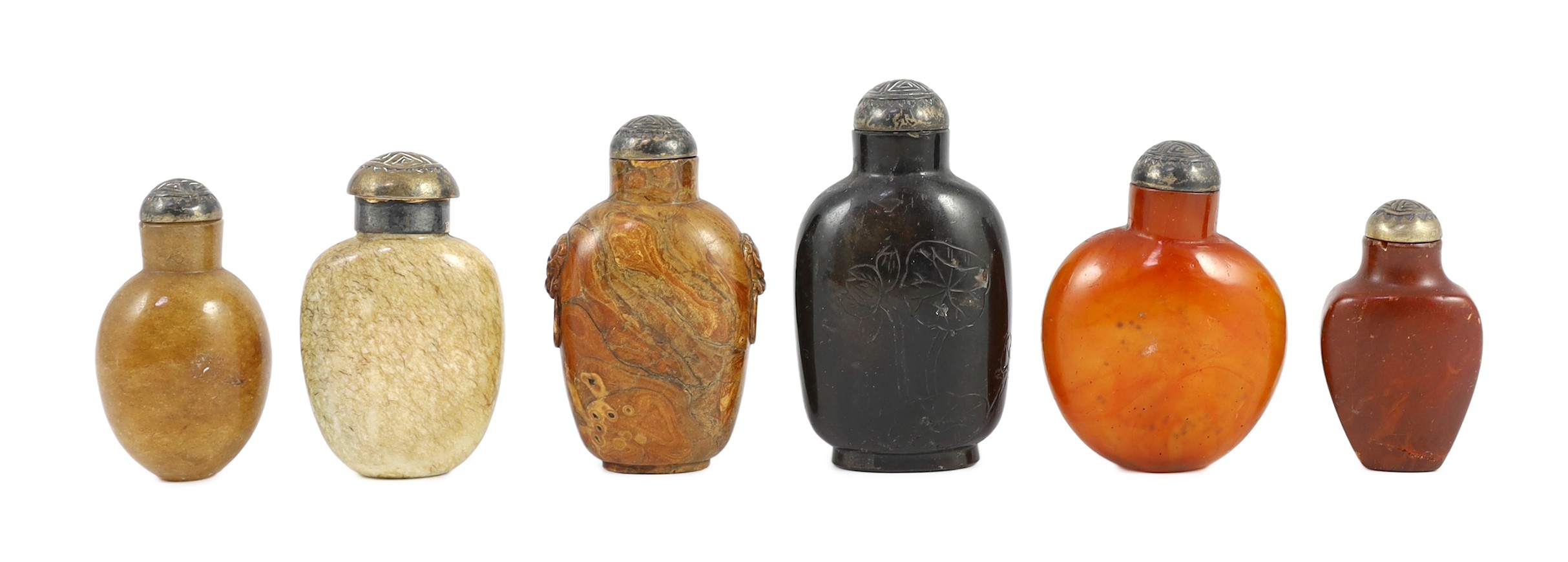 A scholarly collection of six 19th century Chinese snuff bottles, some faults                                                                                                                                               