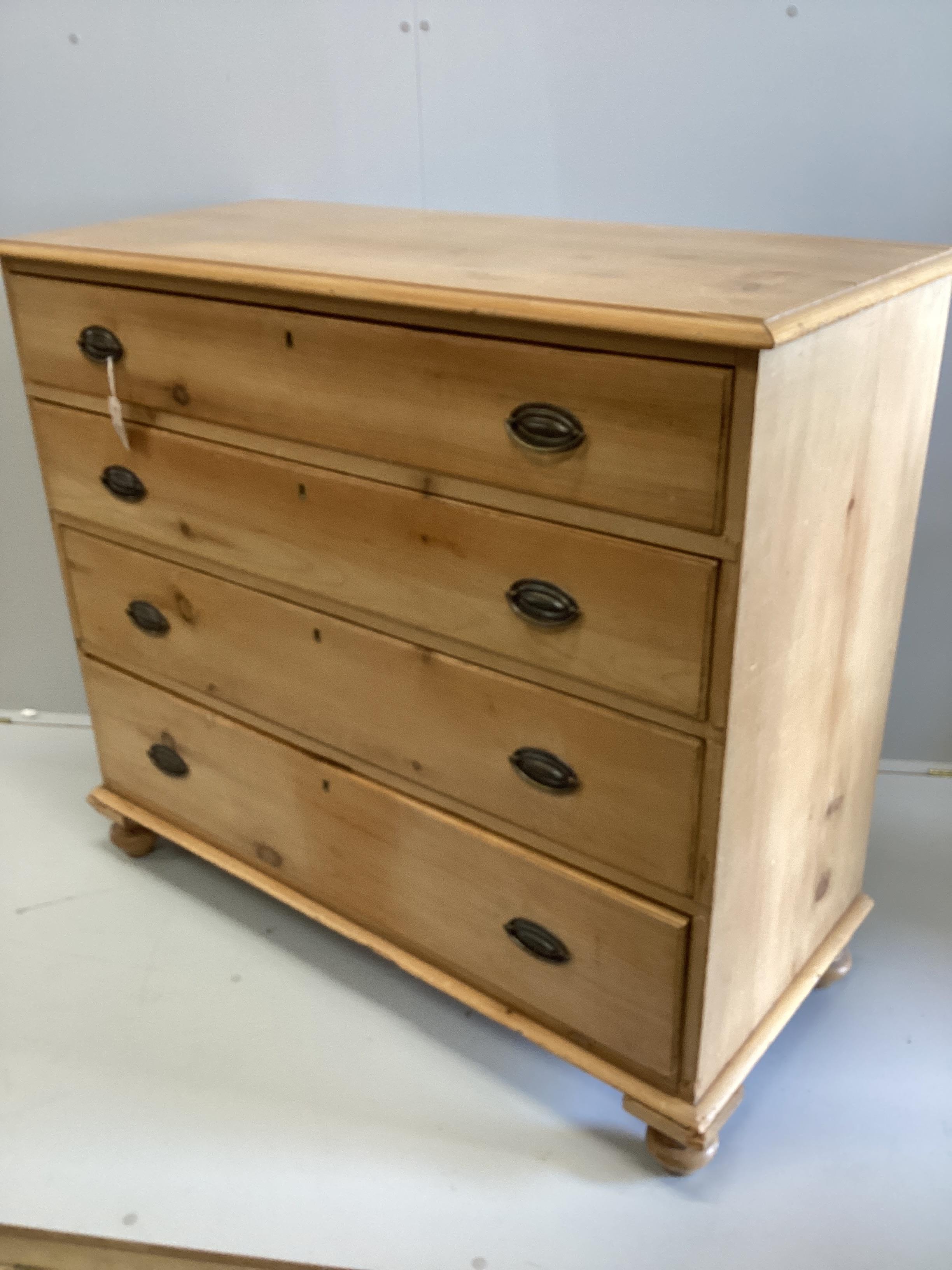 An early Victorian pine four drawer chest, width 122cm, depth 54cm, height 106cm                                                                                                                                            