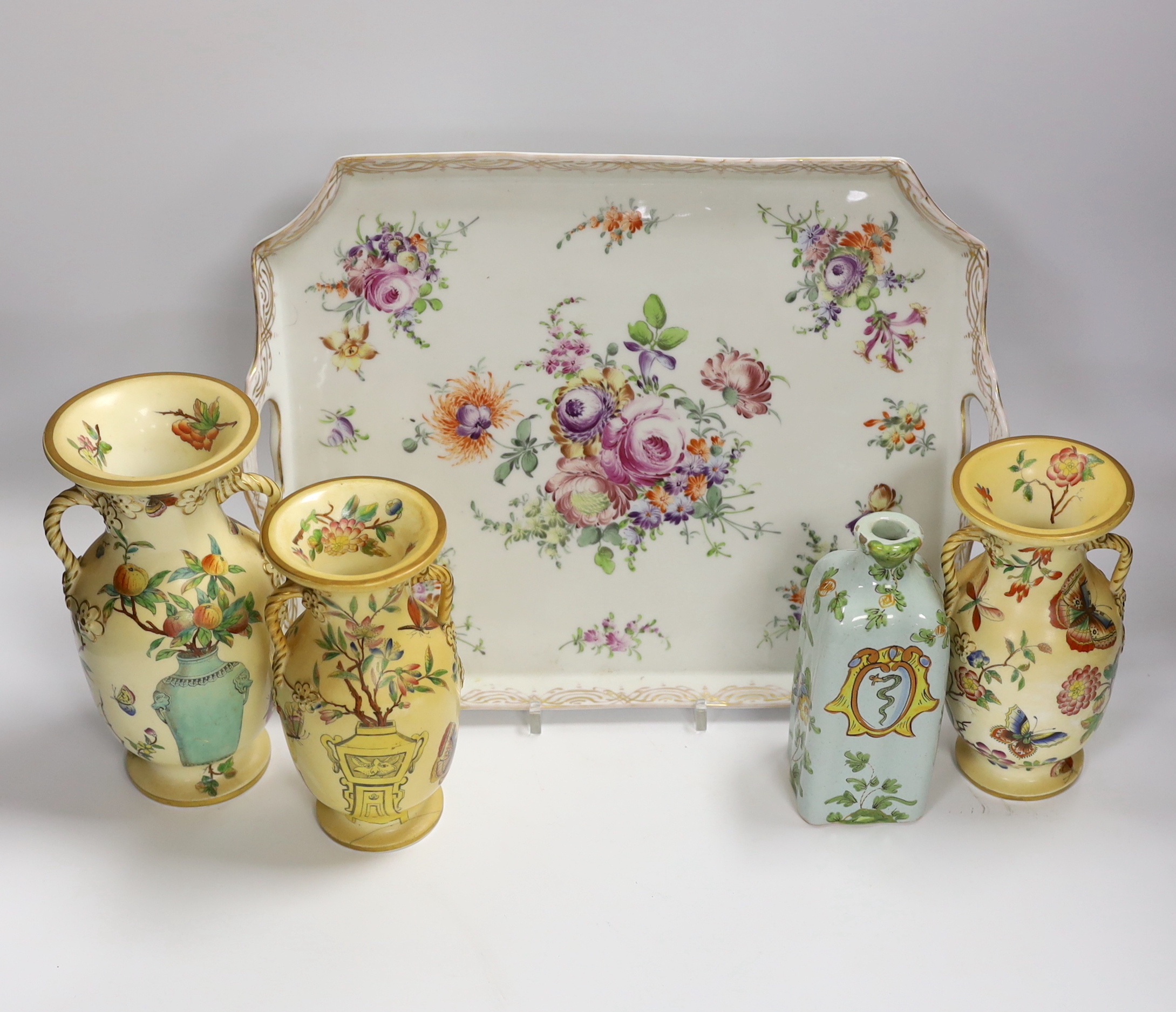 A Dresden porcelain floral dish, Cantagalli caddy and three Paris vases, largest 33cm wide                                                                                                                                  