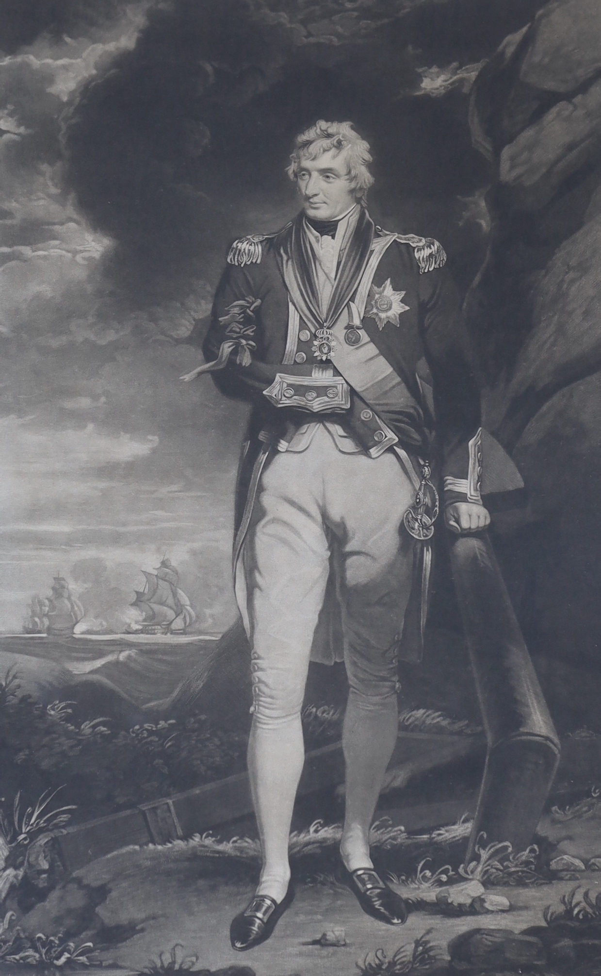 George Clint after John Hoppner R.A., mezzotint, 'Sir Samuel Hood KB..', published by Reynolds 1808, visible sheet 71 x 43cm                                                                                                