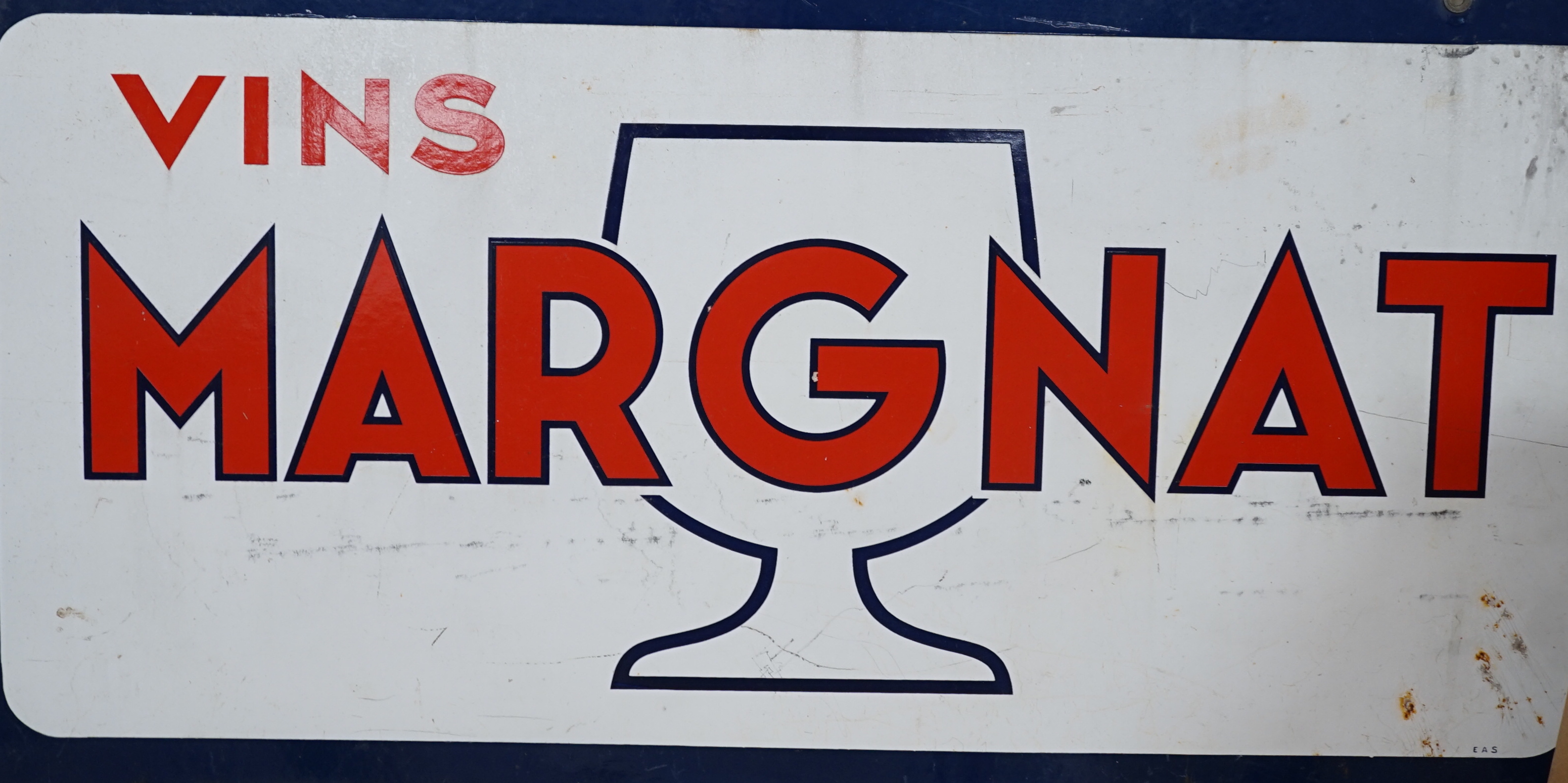 French enamel double sided advertising sign, ‘Vins Margnat’, 90cm x 45cm                                                                                                                                                    