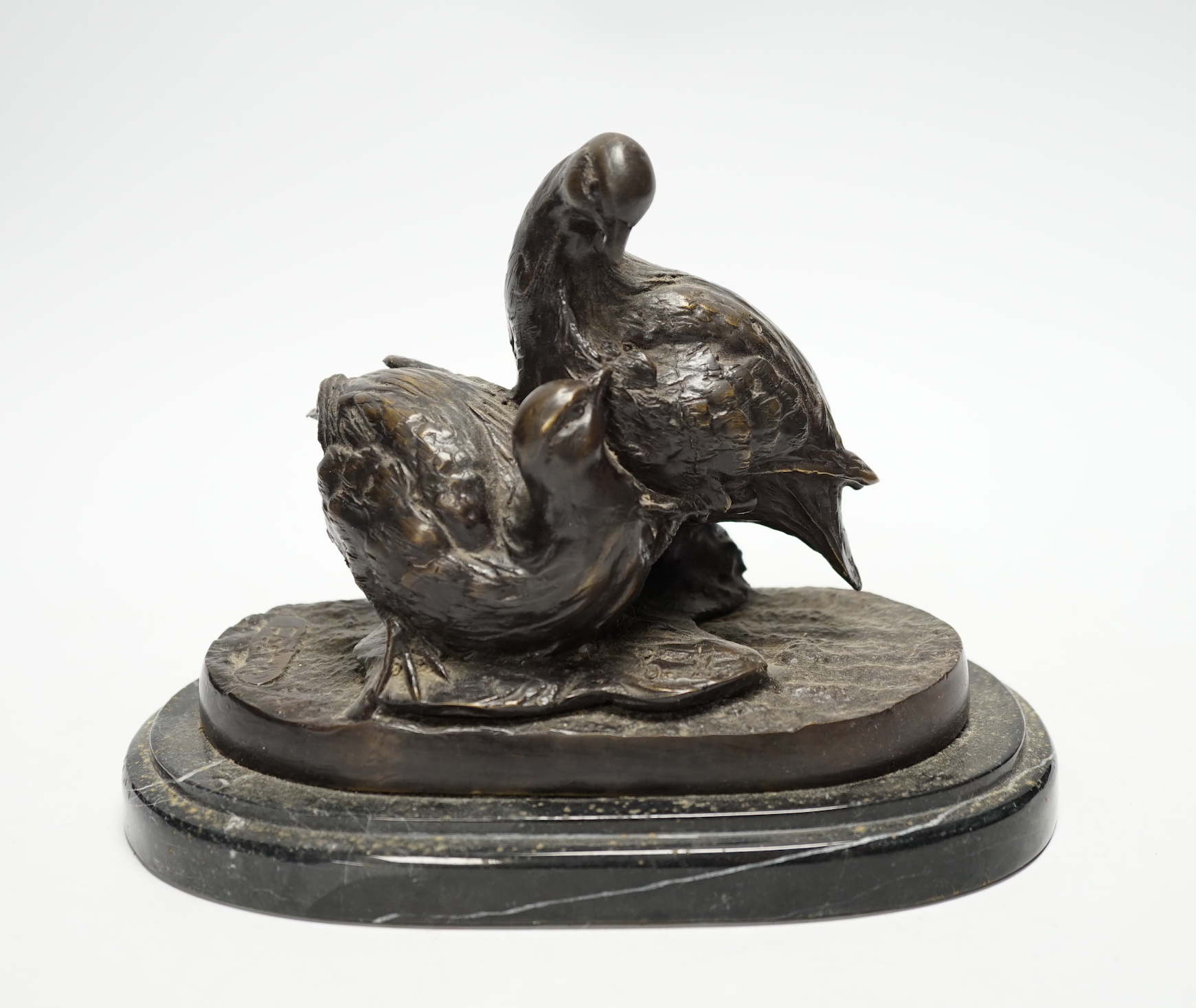 After Christopher Fratin (1801-1864) a bronze figure group of partridges, on marble base, 19cm wide                                                                                                                         