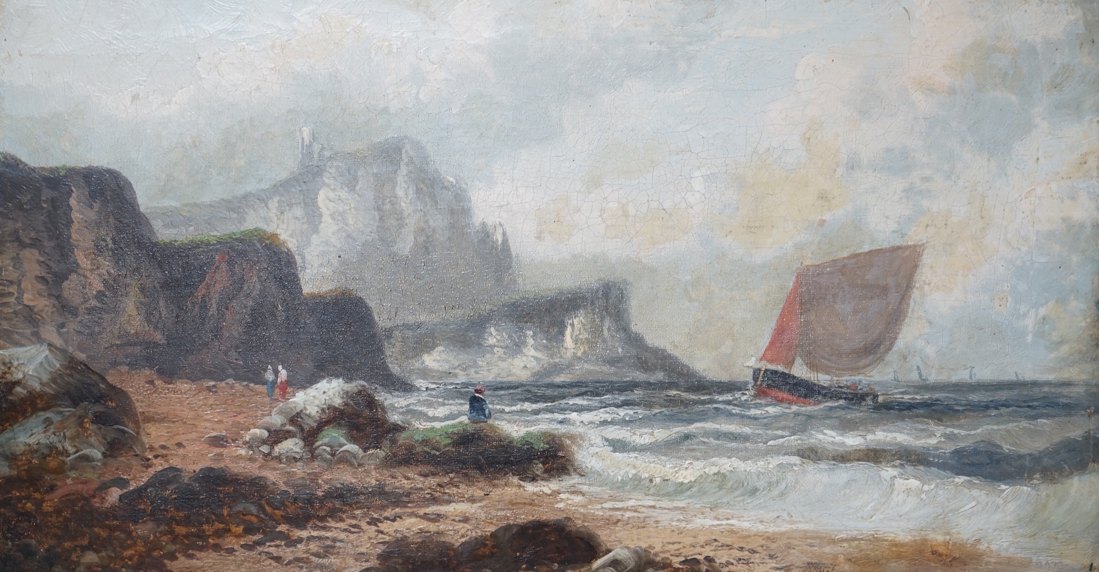 Late 19th / early 20th century School, oil on canvas, Coastal scene with figures, unsigned, 24 x 44cm. Condition - fair, craquelure throughout                                                                              