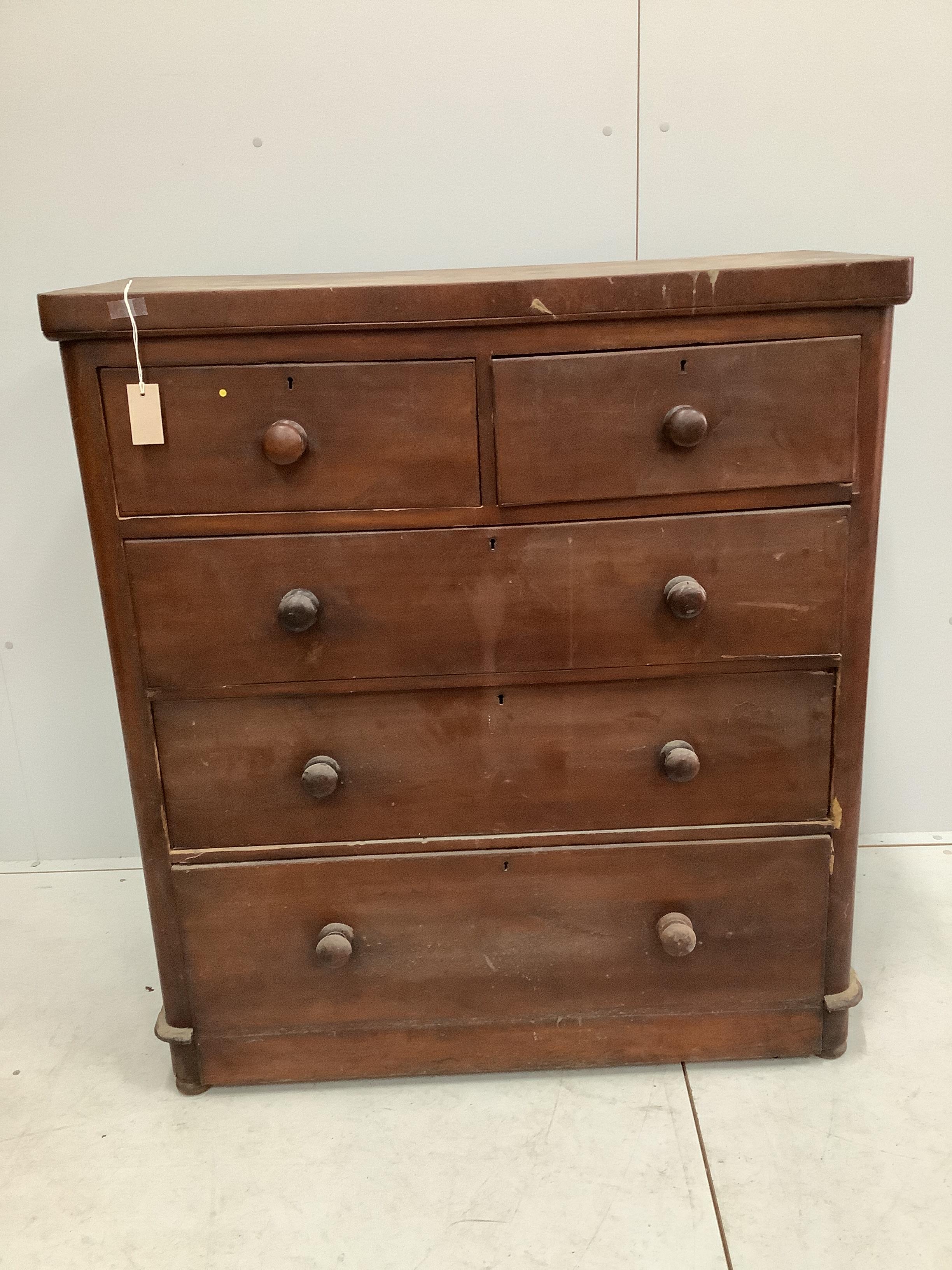 A Victorian mahogany chest of five drawers, width 103cm, depth 46cm, height 114cm                                                                                                                                           