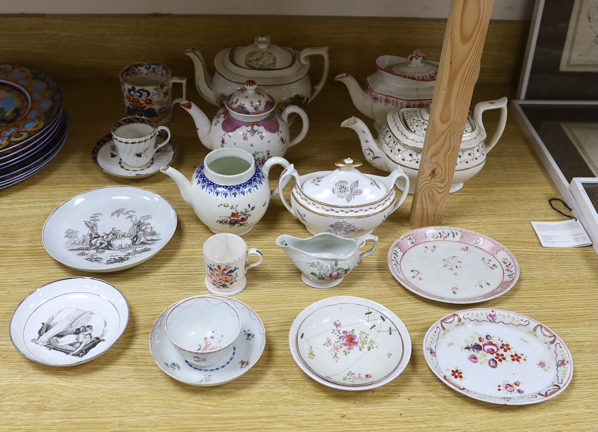 Collection of 18th century and Regency porcelain tea and coffee ware including teapots hand painted with flowers, cup and saucer with gilt decoration and a Philip Christian Liverpool sauceboat the largest 24cm wide      