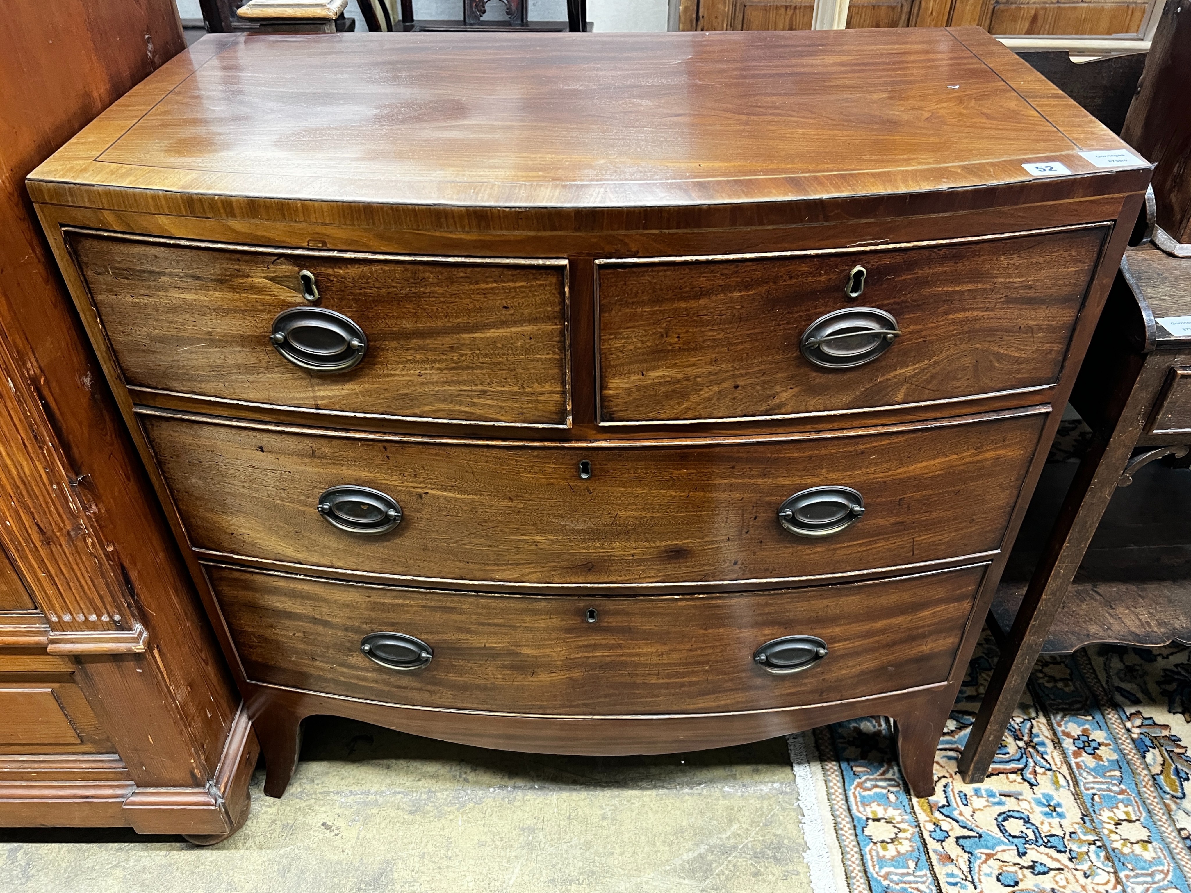 A Regency mahogany four drawer bowfront chest, width 91cm, depth 48cm, height 90cm                                                                                                                                          