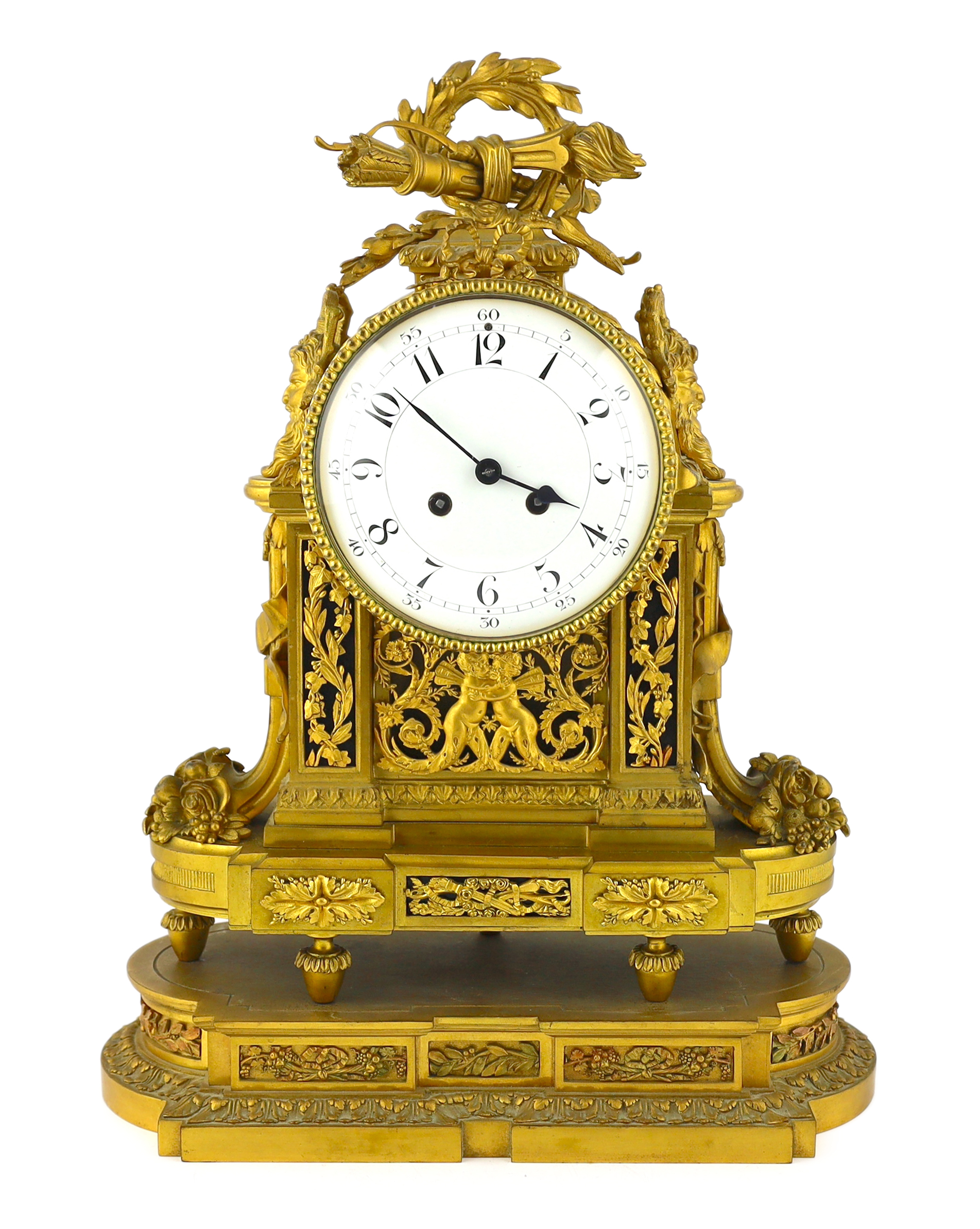 A 19th century French Louis XVI style ormolu mantel clock, 36cm wide, 19cm deep, 48cm high                                                                                                                                  