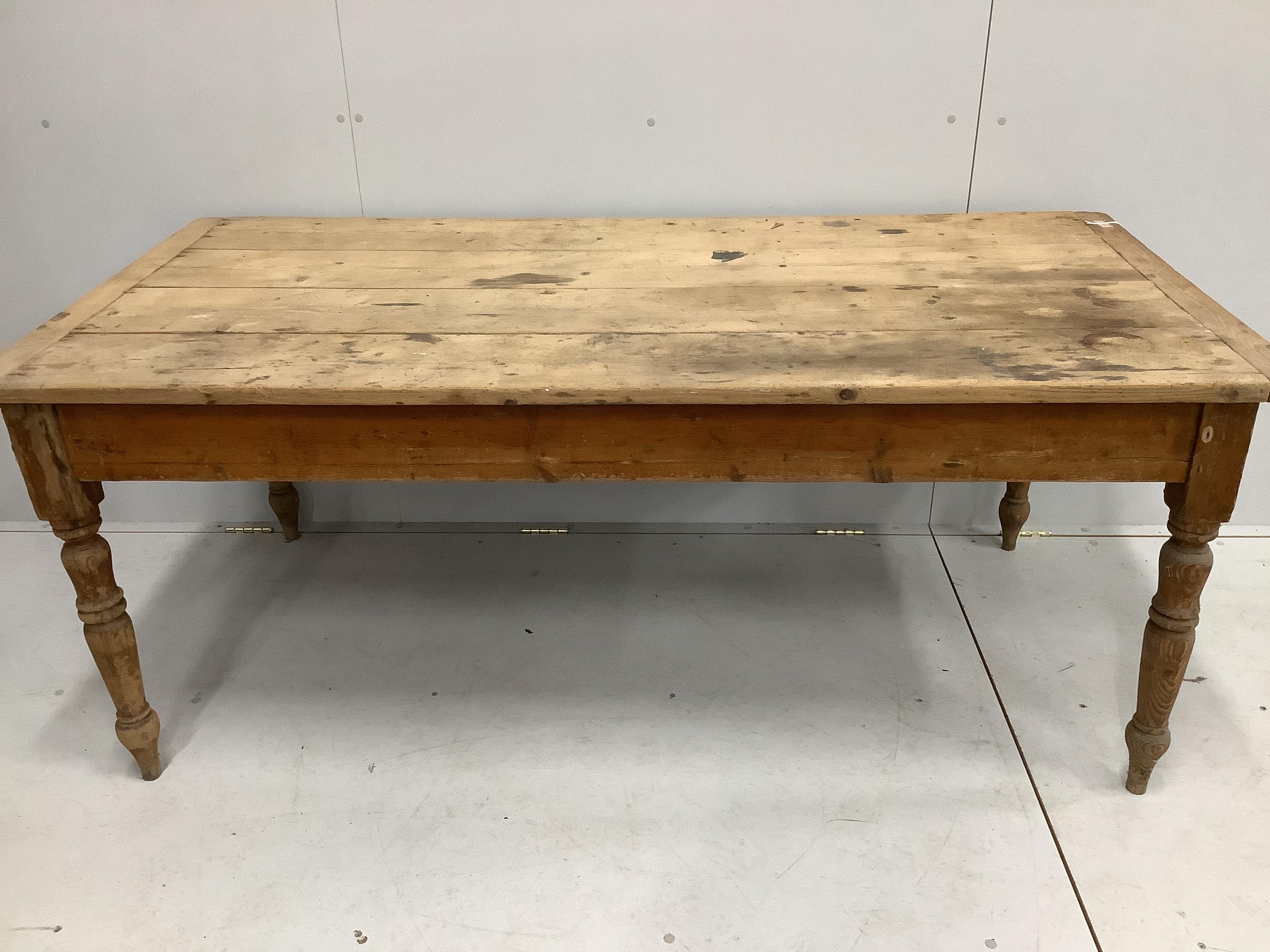 A Victorian rectangular pine kitchen table, width 180cm, depth 88cm, height 72cm                                                                                                                                            