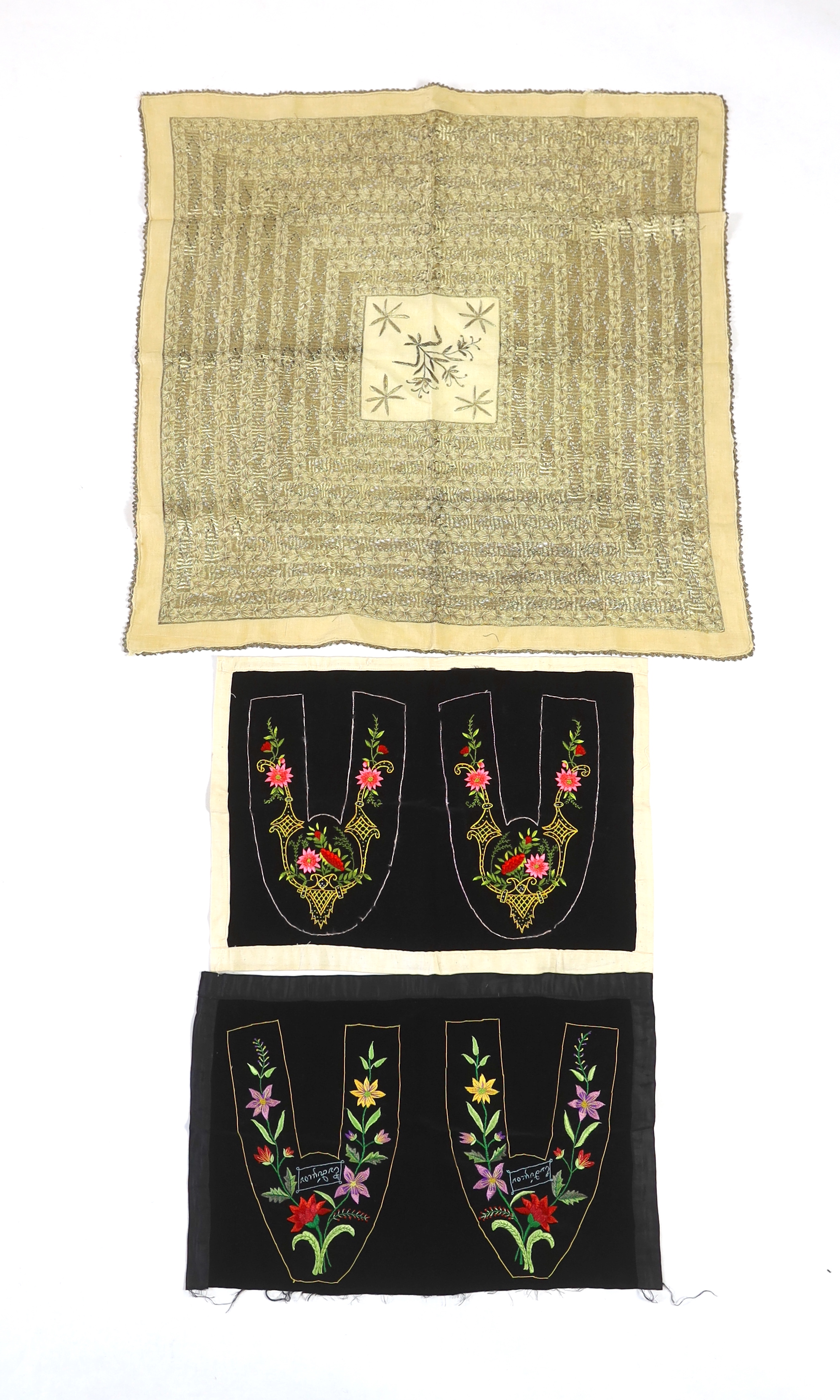 Two pairs of late 19th century black velvet silk embroidered slipper fronts (uncut), together with a cotton gold thread embroidered cloth, cloth 82cm square                                                                