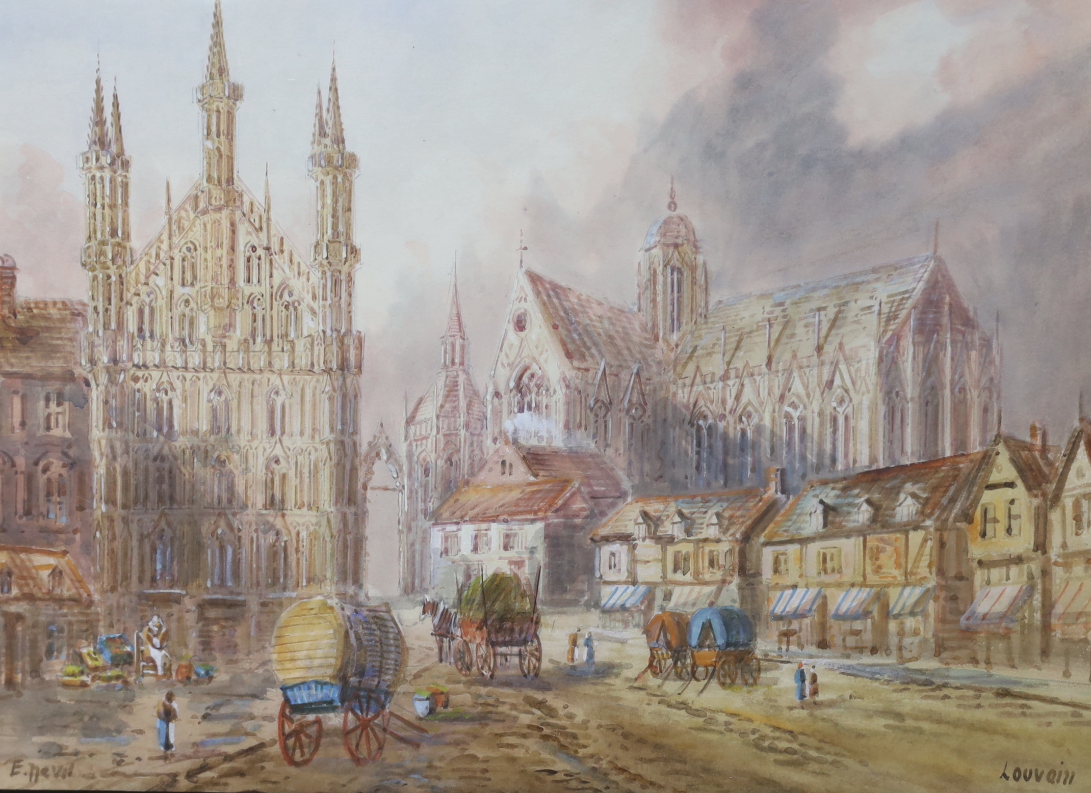 Edward Nevil (1813-1901), watercolour, 'Street scene Louvain', signed, 28 x 38cm                                                                                                                                            