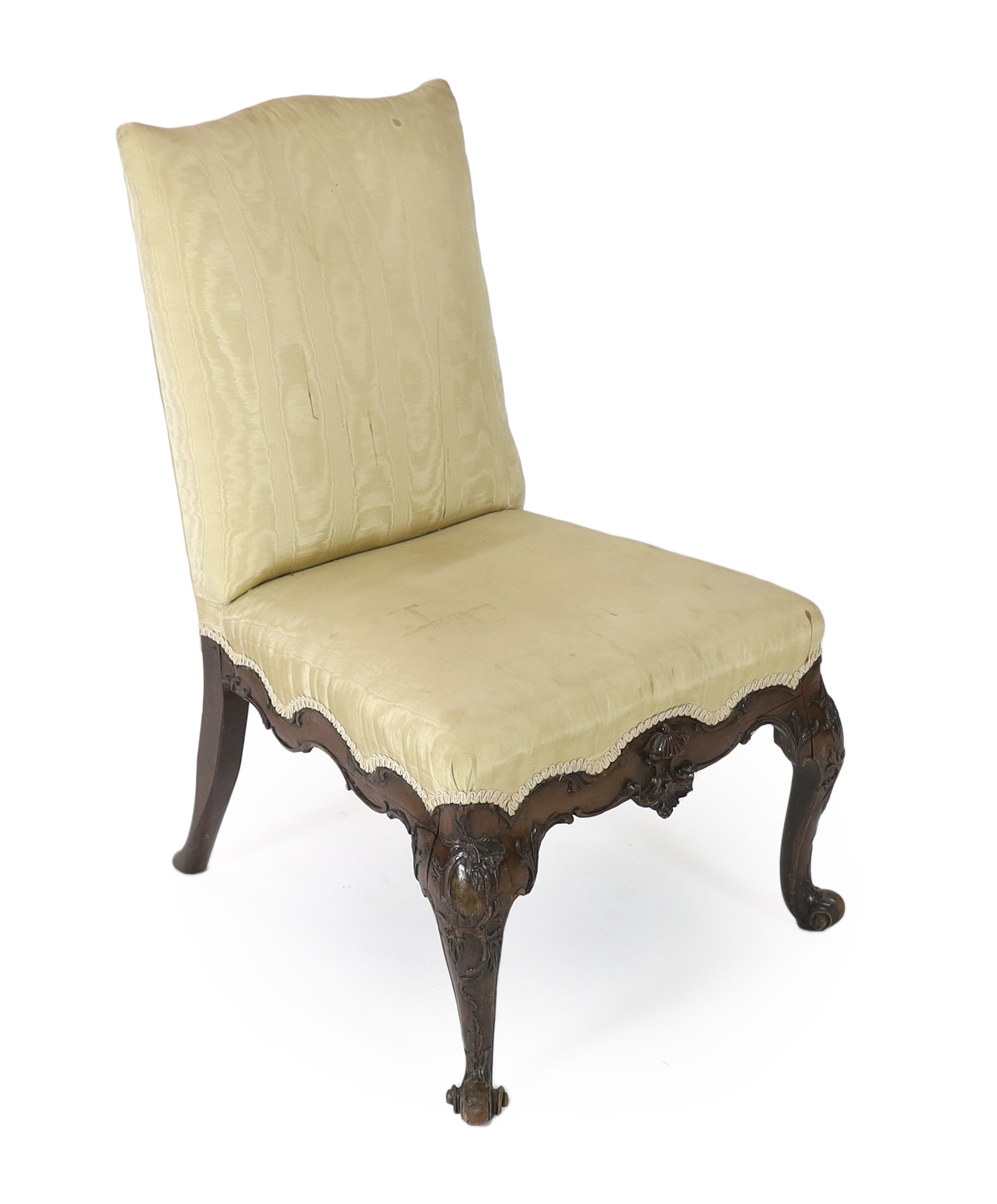 A George II red walnut side chair, 64cm wide 73cm deep, 99cm high                                                                                                                                                           