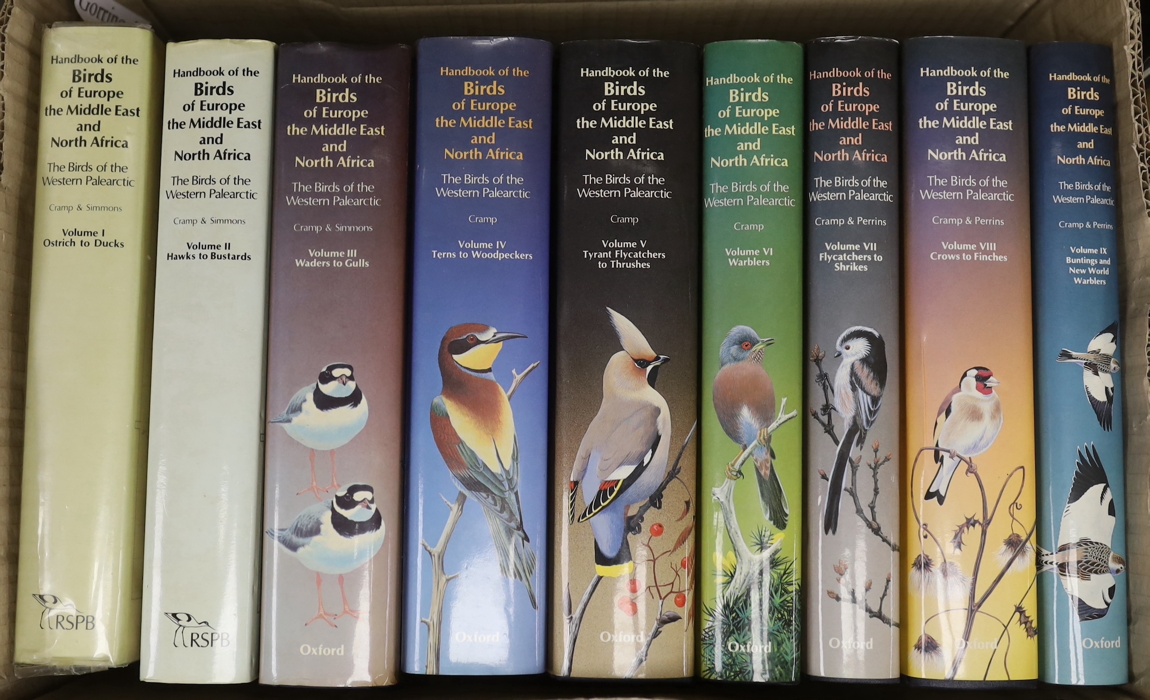 Cramp, Stanley, Perrins, C.M. & Others - Handbook of the Birds of Europe, the Middle East and North Africa; the birds of the Western Palearctic. 9 vols, many coloured plates and other illus., e/p. maps; publisher's gilt 