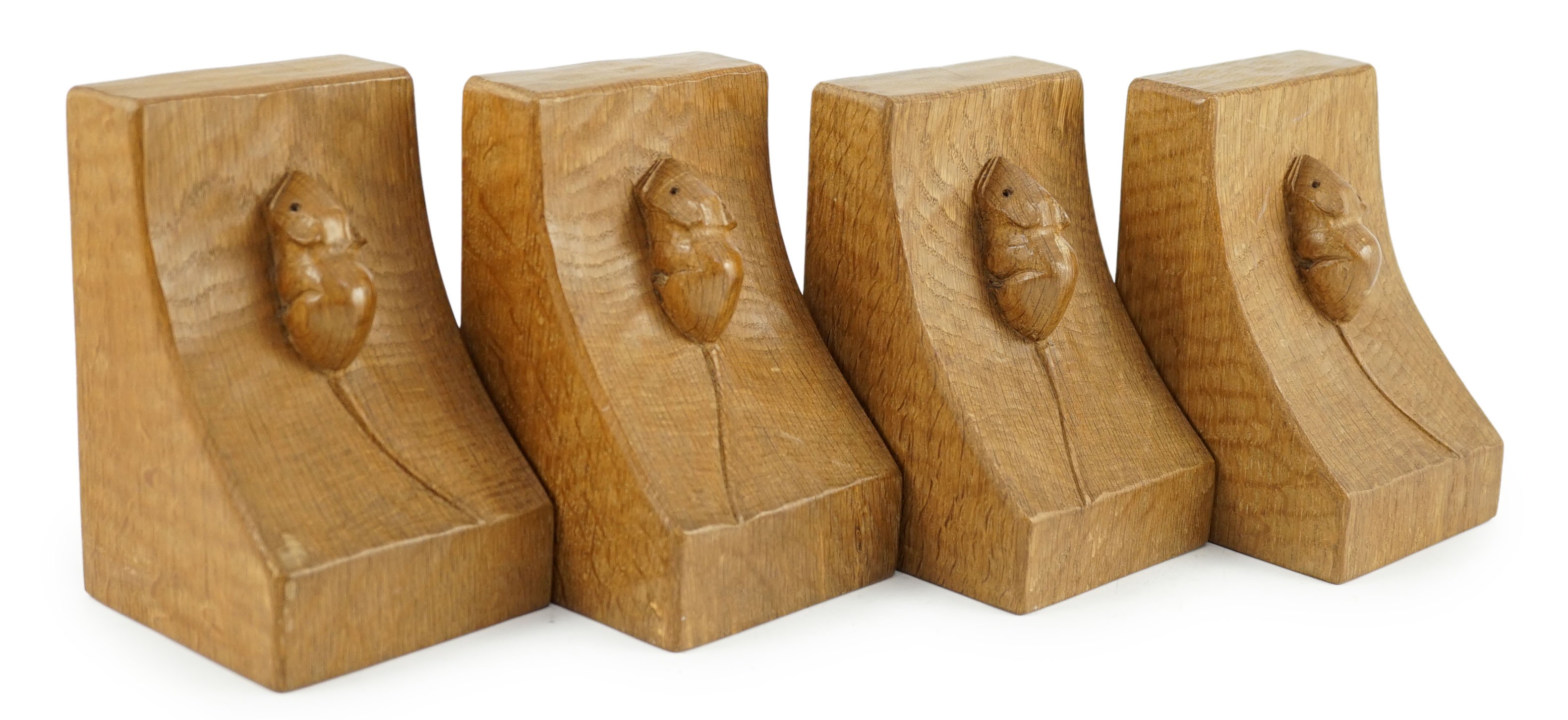 Two pairs of Robert Thompson Mouseman Thompson oak bookends, width 9.5cm depth 9.5cm height 15cm                                                                                                                            