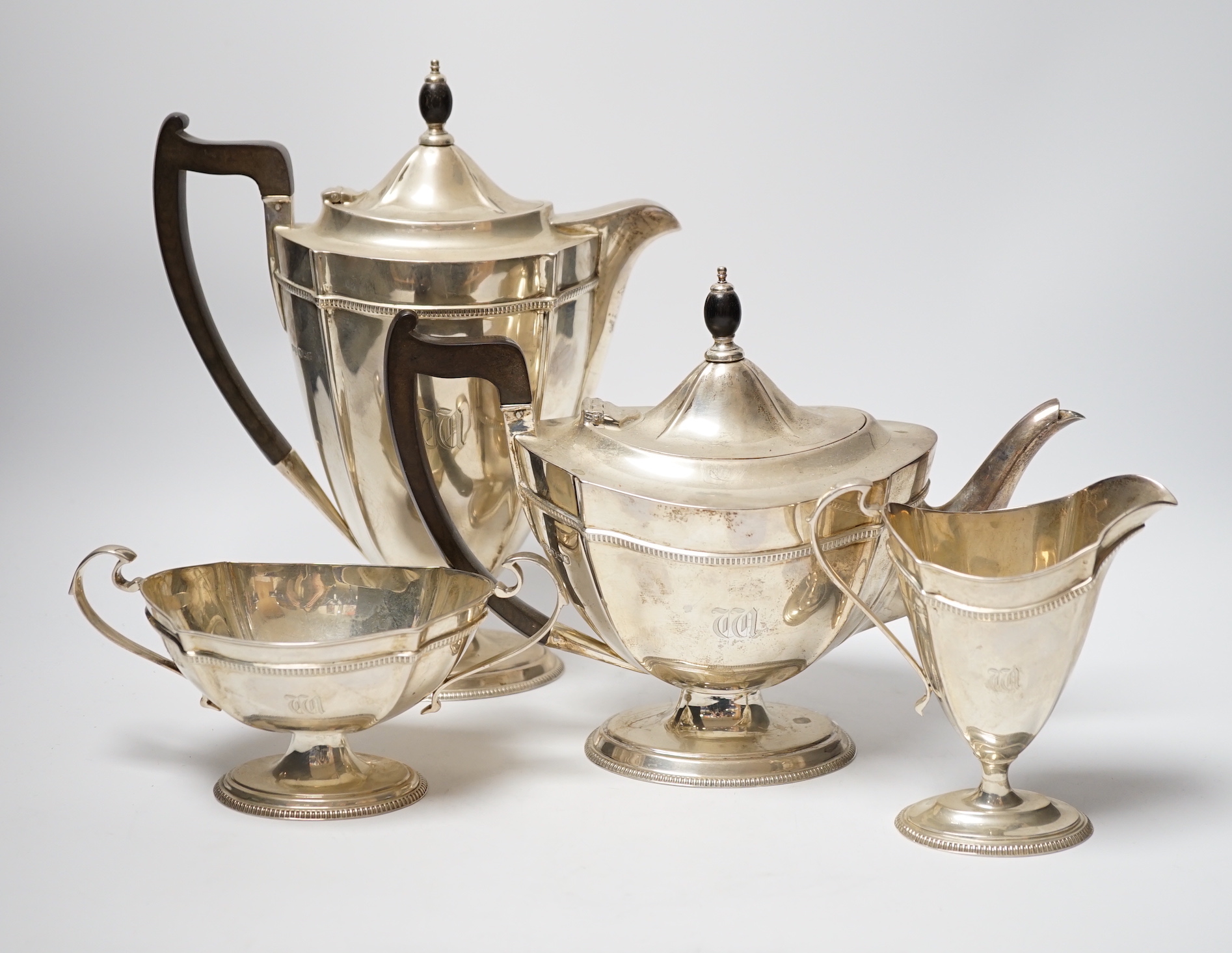 A George V silver four piece tea set, Roberts & Belk, Sheffield, 1918, gross weight 40.3oz.                                                                                                                                 