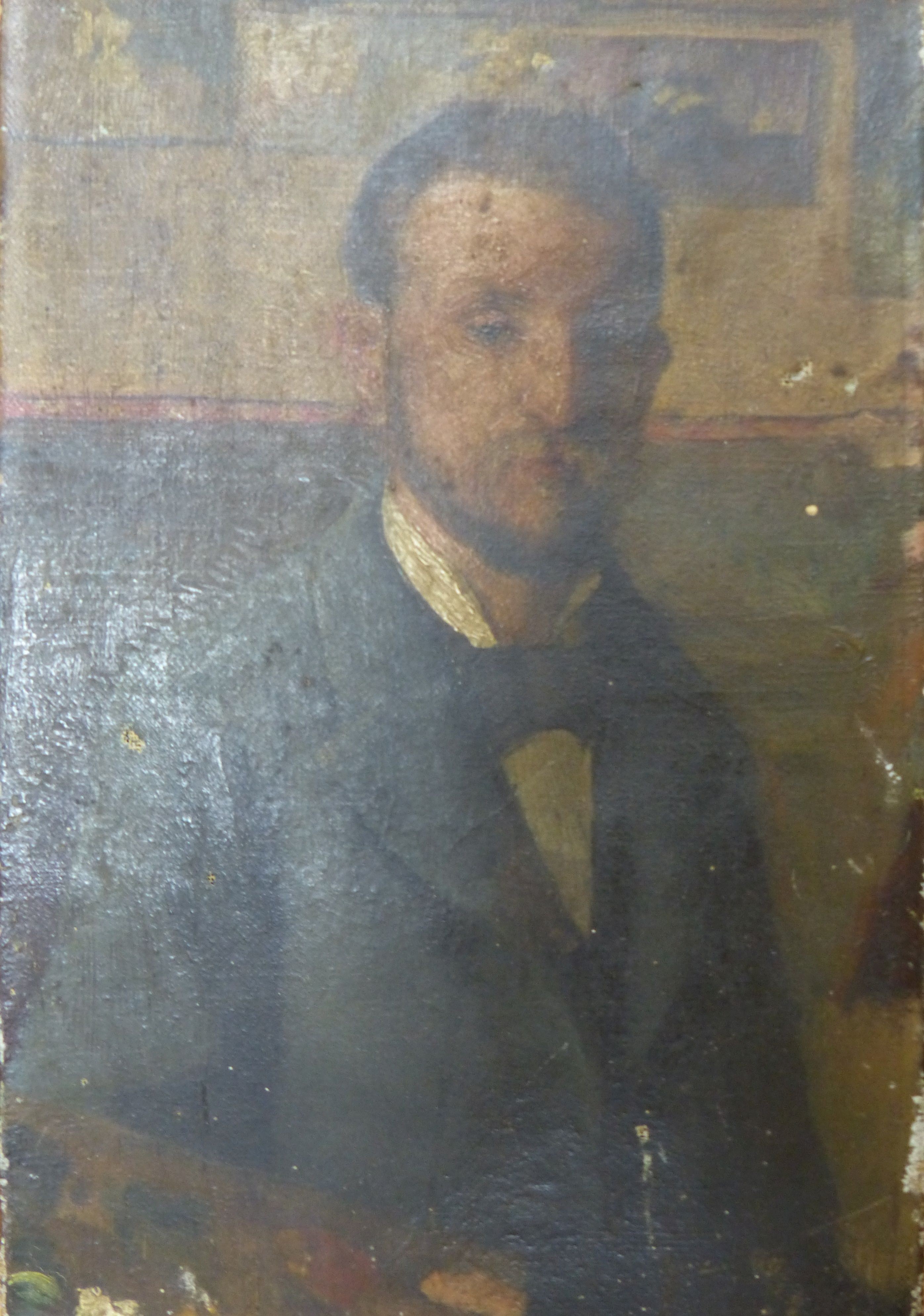 French School c.1900, oil on canvas, Portrait of an artist holding his palette, 33 x 21.5cm, unframed                                                                                                                       