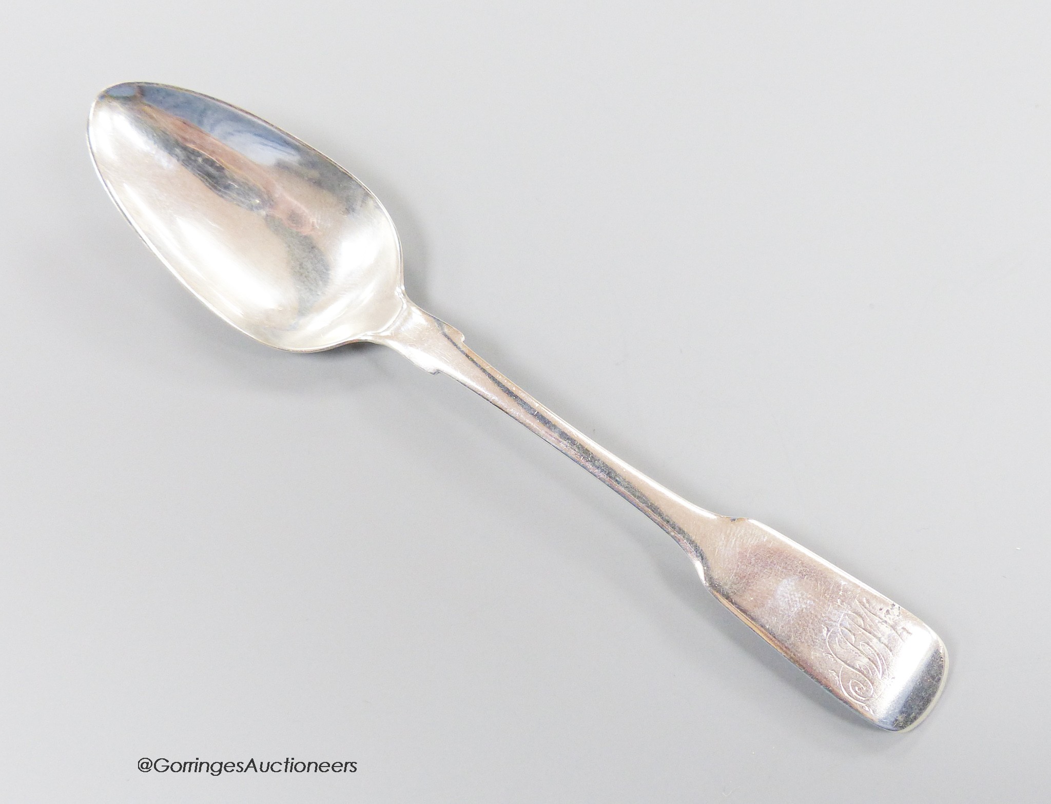 An early 19th century Scottish provincial silver fiddle pattern teaspoon, John & Patrick Riach, Forres, c. 1820, 13.9cm, 17 grams.                                                                                          