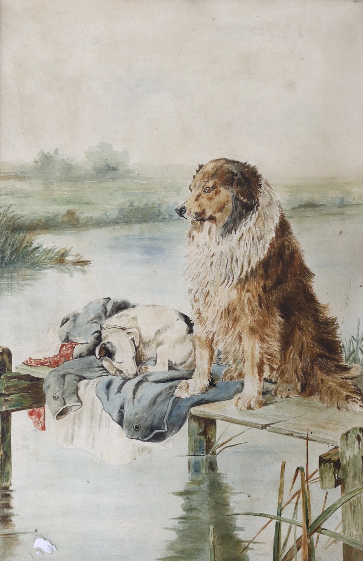 English School, watercolour, Dogs upon a jetty, 45 x 29cm                                                                                                                                                                   