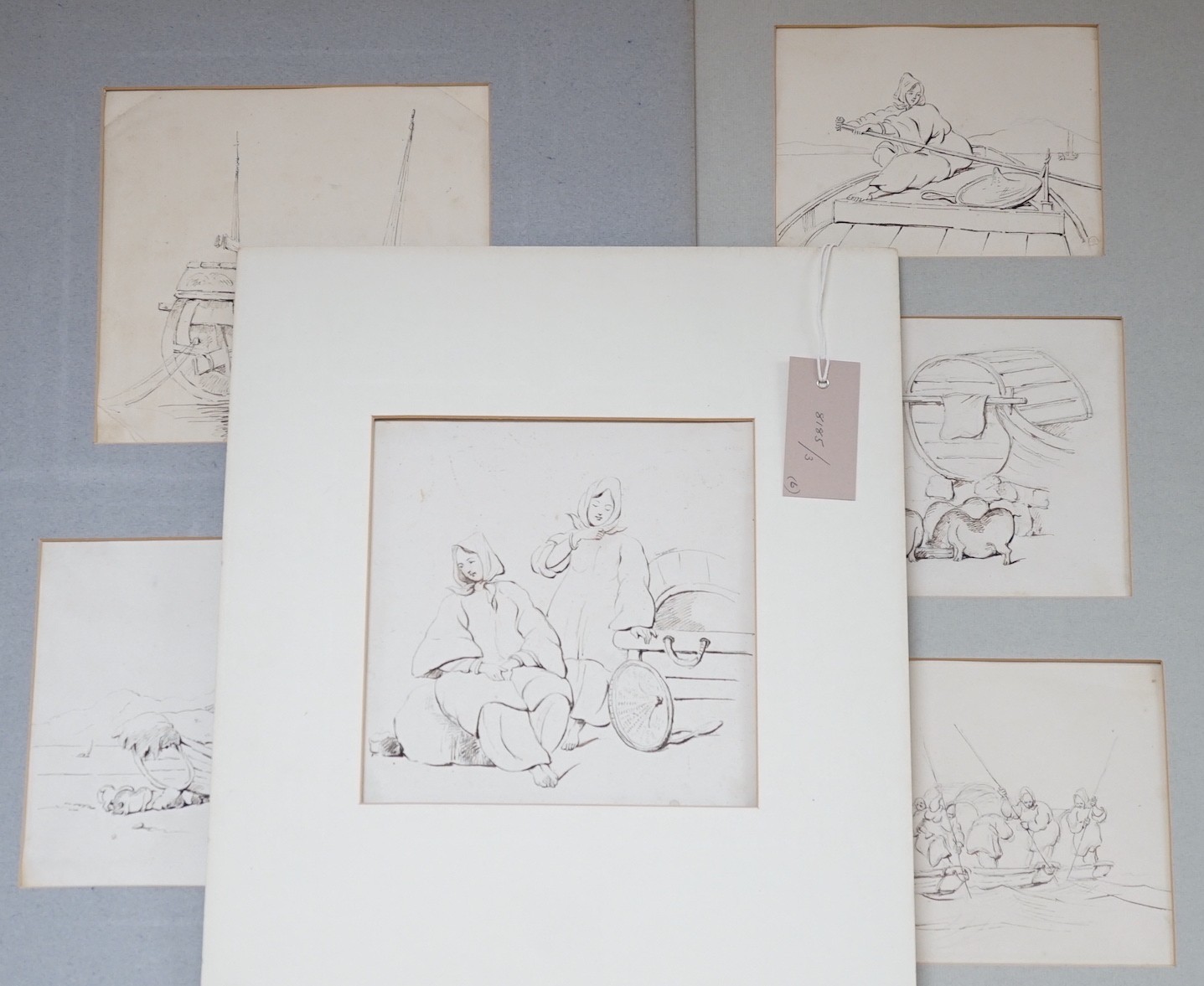 Manner of George Chinnery (1774-1852), six pen and ink drawings, Studies of boatmen, a junk and figures on the shore, largest approx. 19 x 19cm, unframed                                                                   