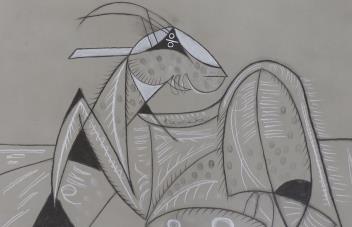 Diennet, charcoal and chalk, Cubist study of a gazelle, signed and numbered 202, 58 x 82cm. Condition - fair to good                                                                                                        