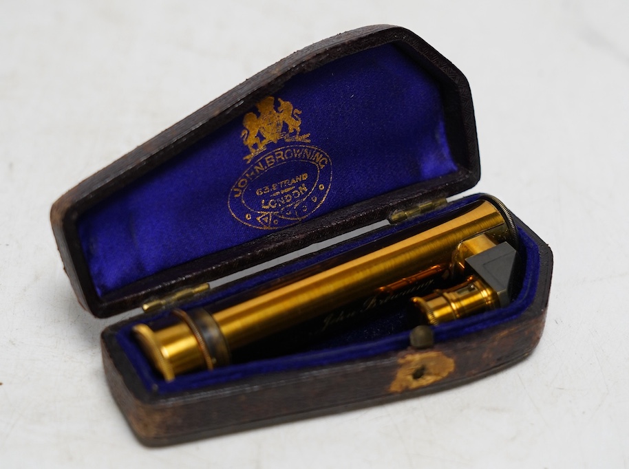 A late 19th century cased brass pocket spectroscope, engraved ‘John Browning London’ 8.5cm. Condition - fair                                                                                                                