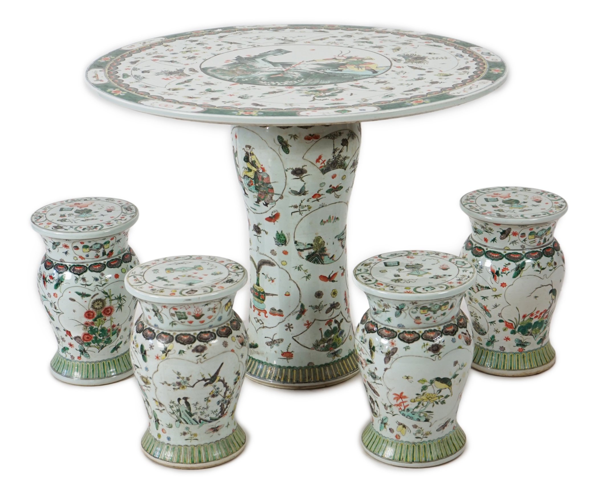 CORRECTION LATE 20th century, A large Chinese famille verte pedestal table and four matching stools                                                                                                                         