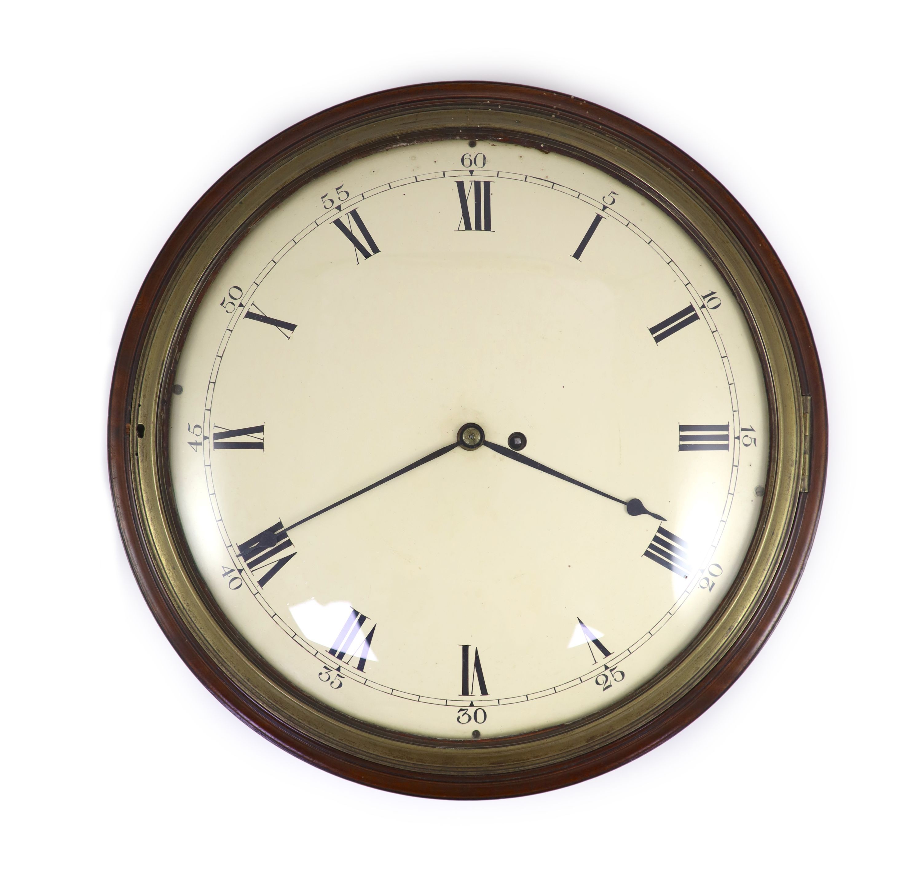 A late 18th century mahogany dial clock D 44cm.                                                                                                                                                                             