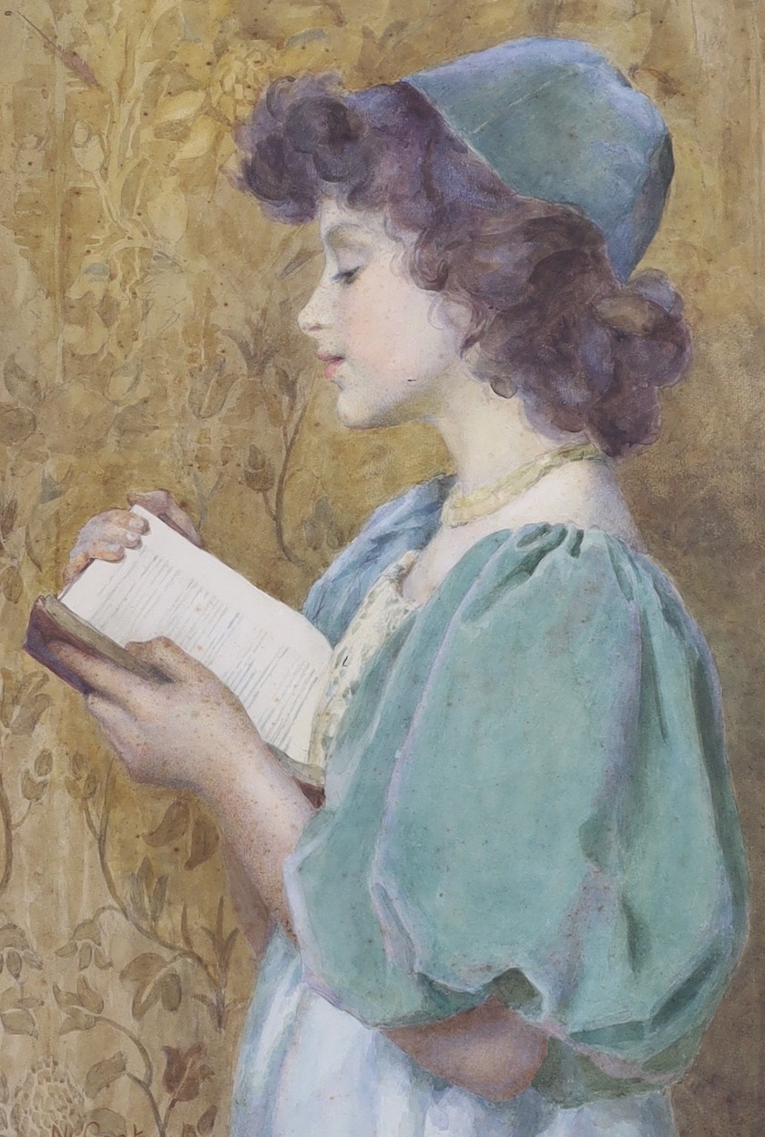 N. Cook, watercolour, Portrait of a girl reading a book, signed, 51 x 35cm                                                                                                                                                  