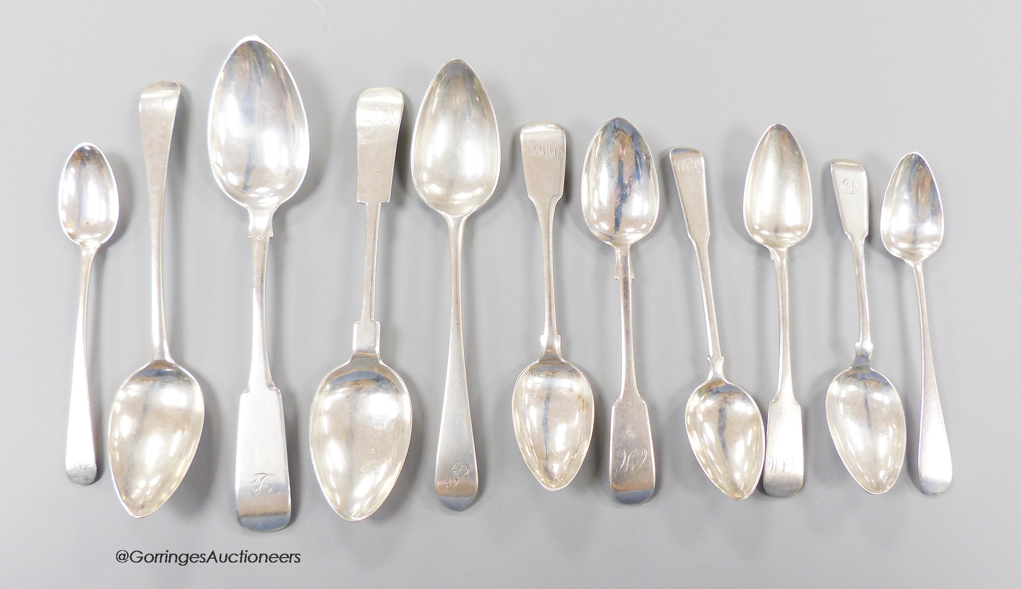 A collection of eleven 19th century Scottish provincial Aberdeen flatware, comprising four dessert spoons, (John Leslie, Nathaniel Gillert, Peter Ross & James Erskine) and seven teaspoons, (William Jamieson(2), James Ers