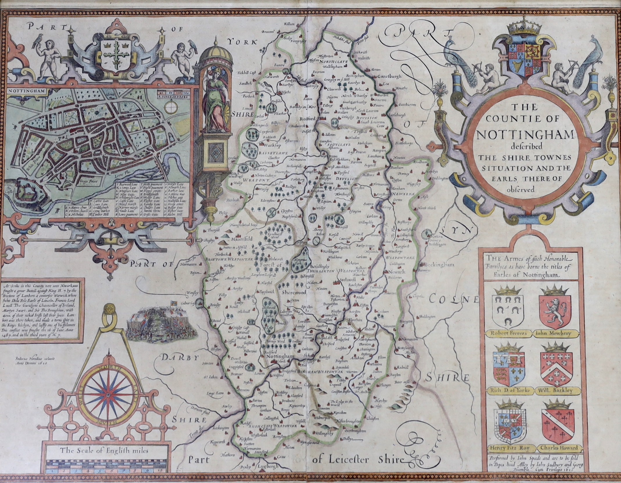 John Speede, coloured engraving, Map of Nottingham 1610, English text verso, 40 x 51cm                                                                                                                                      