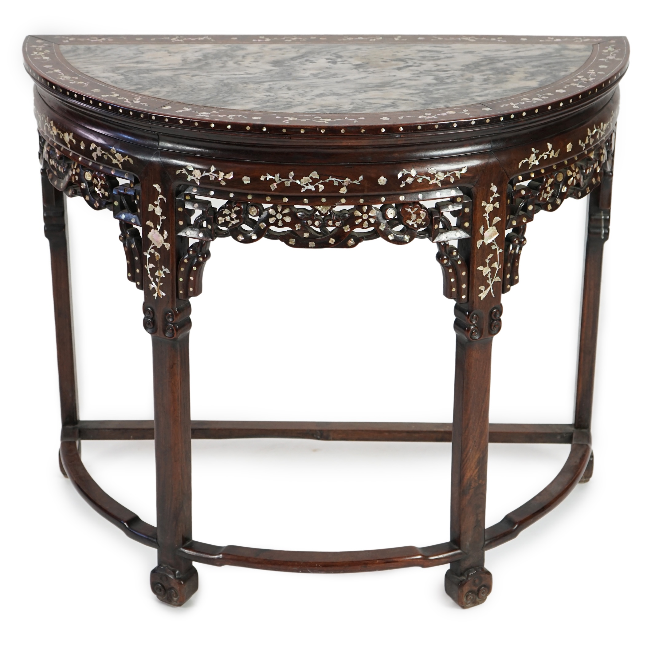 A Chinese hongmu and floral mother of pearl inlaid console table, late 19th/early 20th century                                                                                                                              