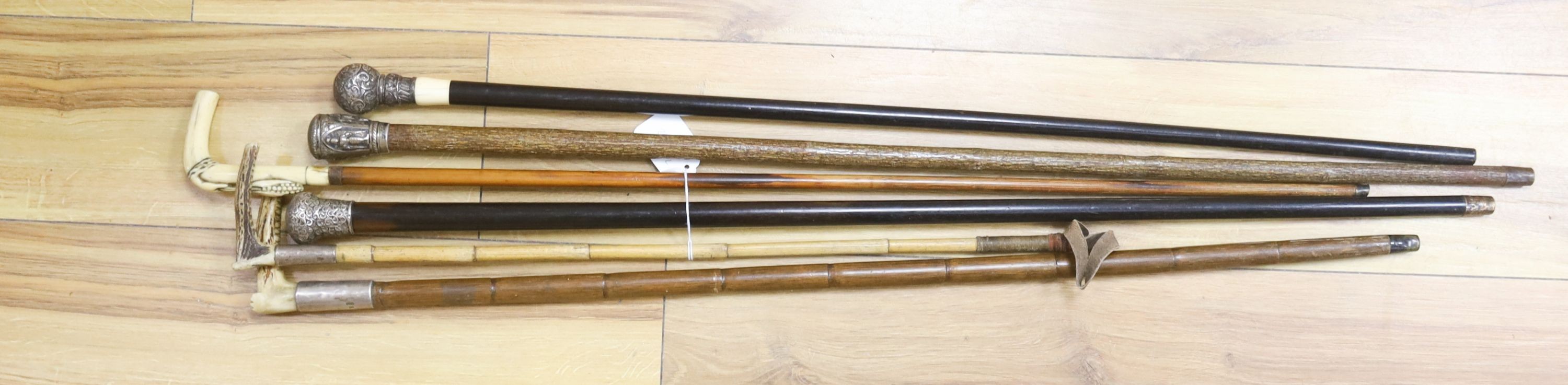 A silver-topped horn and ivory handled walking sticks (6)                                                                                                                                                                   