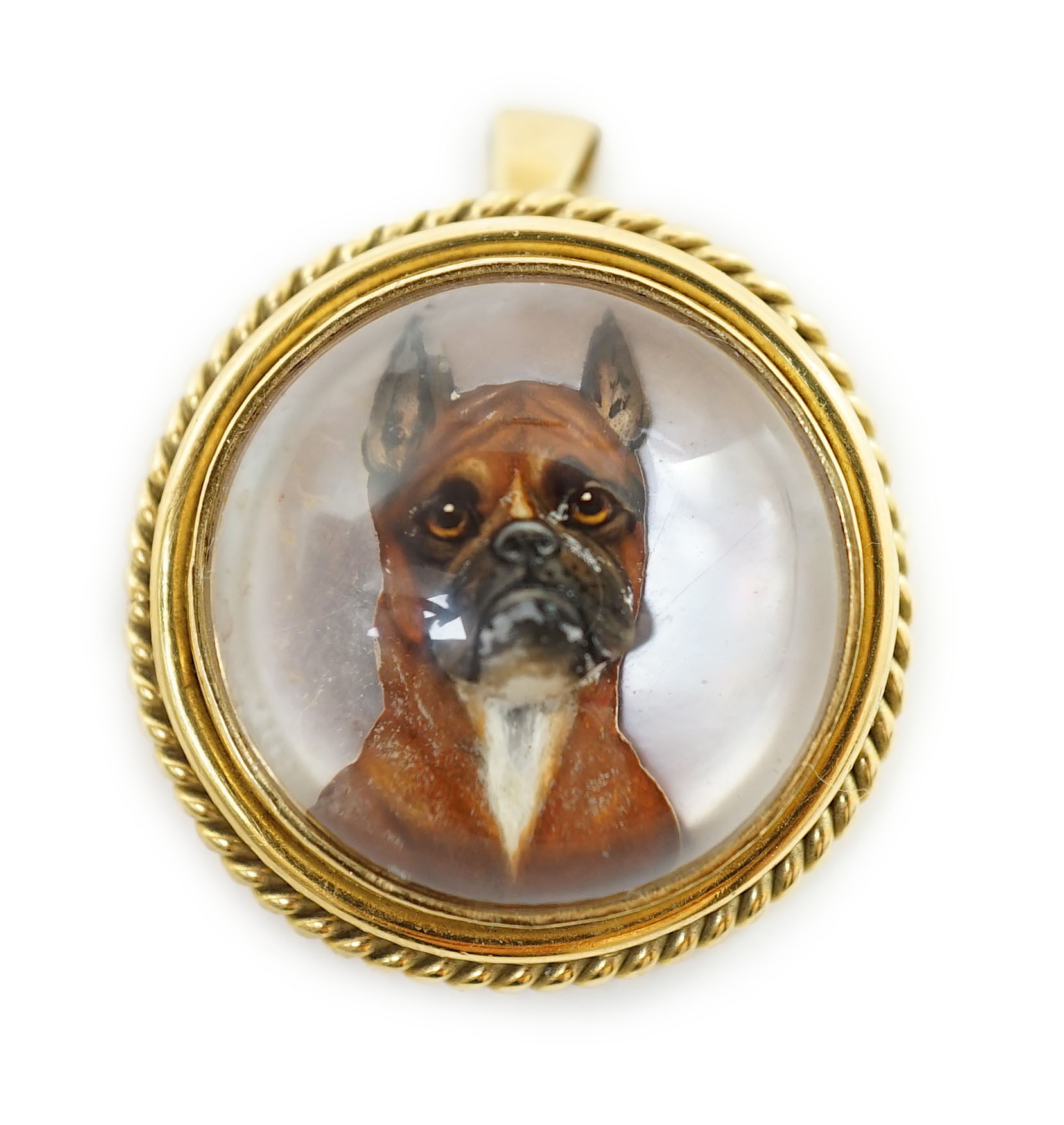 A Victorian gold mounted Essex crystal pendant brooch, decorated with head of a boxer dog                                                                                                                                   