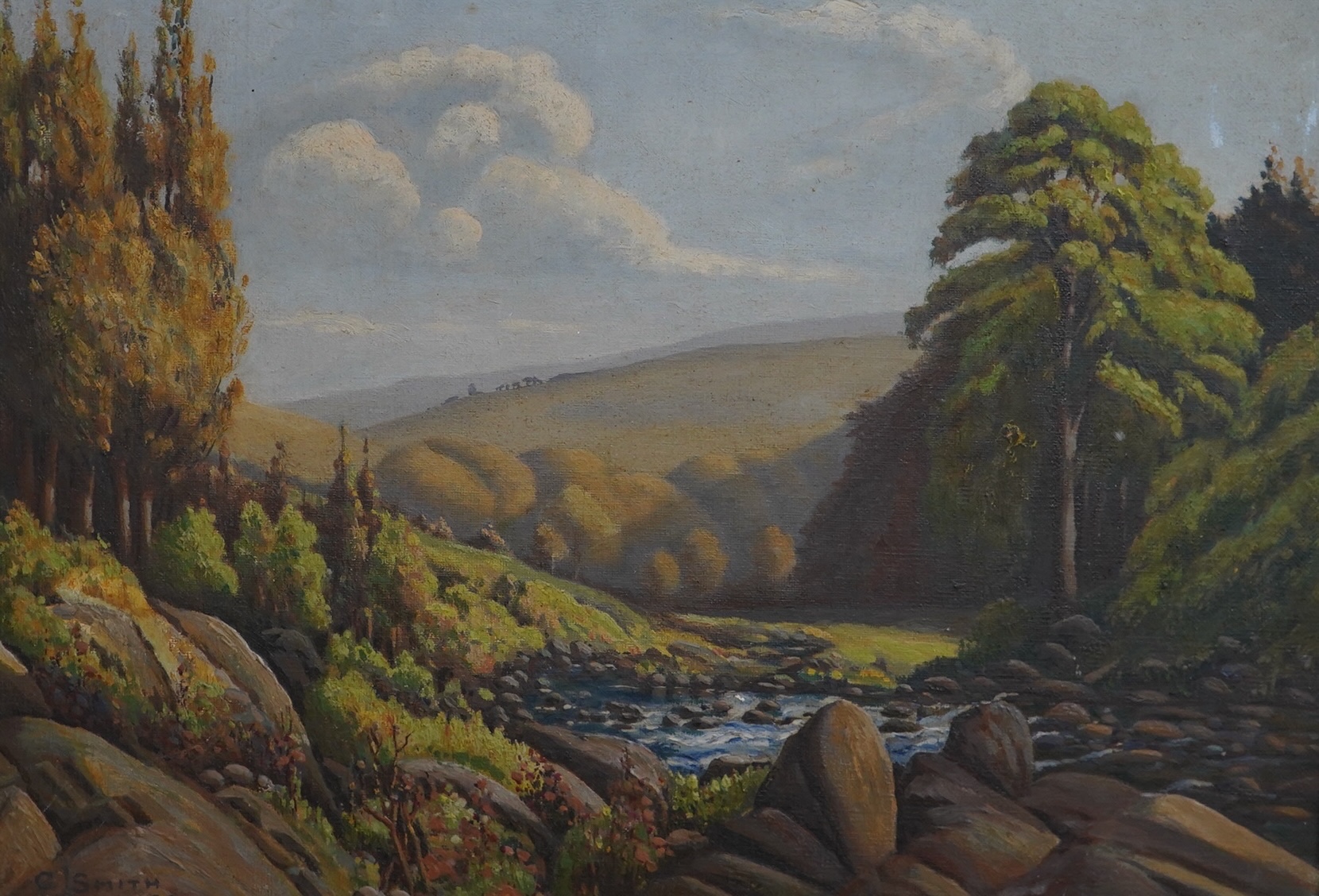 C. J. Smith, mid 20th century oil on canvas, Mountainous landscape with stream, signed and dated '40, 34 x 49cm. Condition - fair                                                                                           