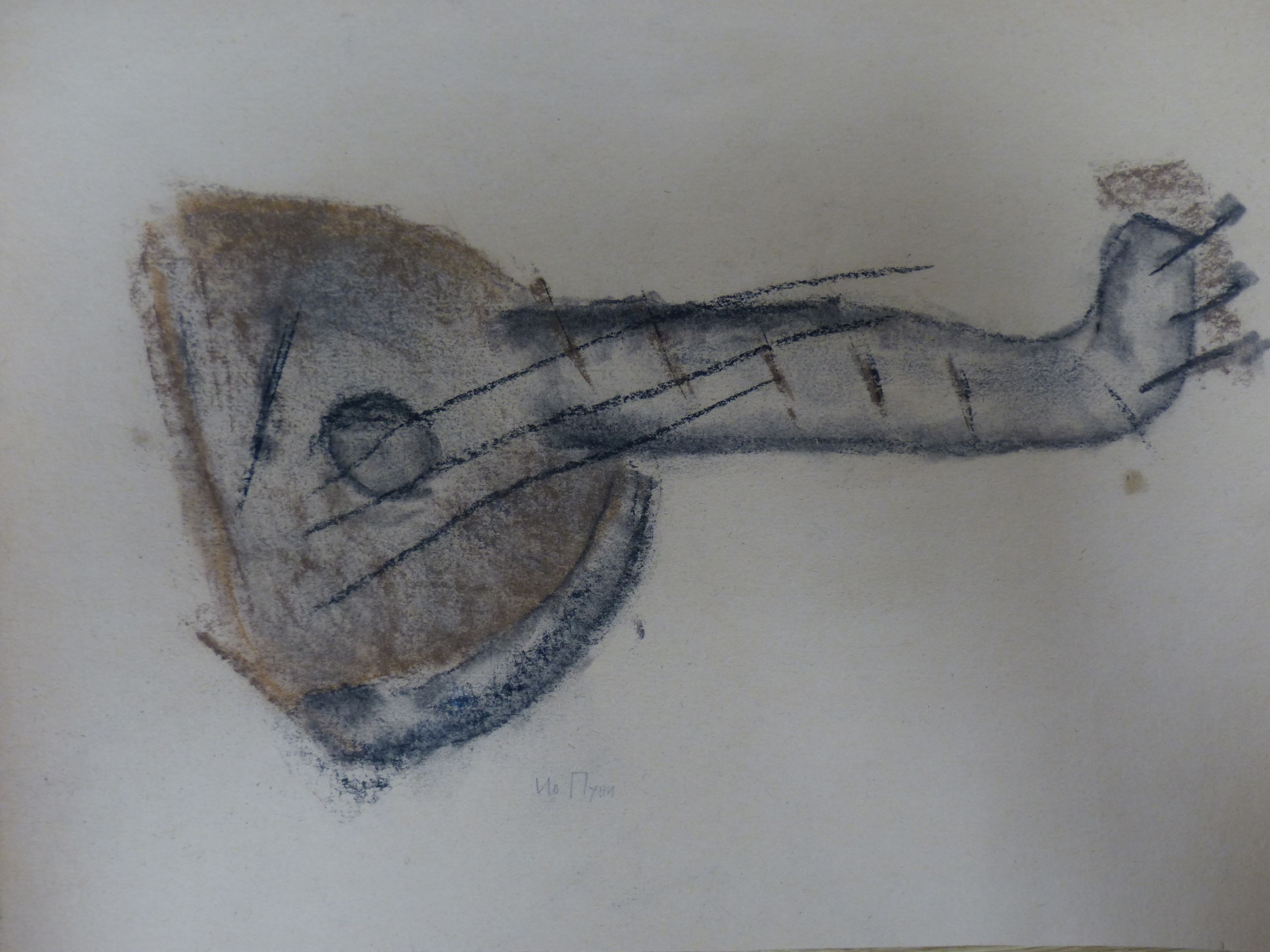 Ivan Puni, charcoal and pastel, Study of a mandolin, signed in pencil, 26 x 35cm, unframed                                                                                                                                  