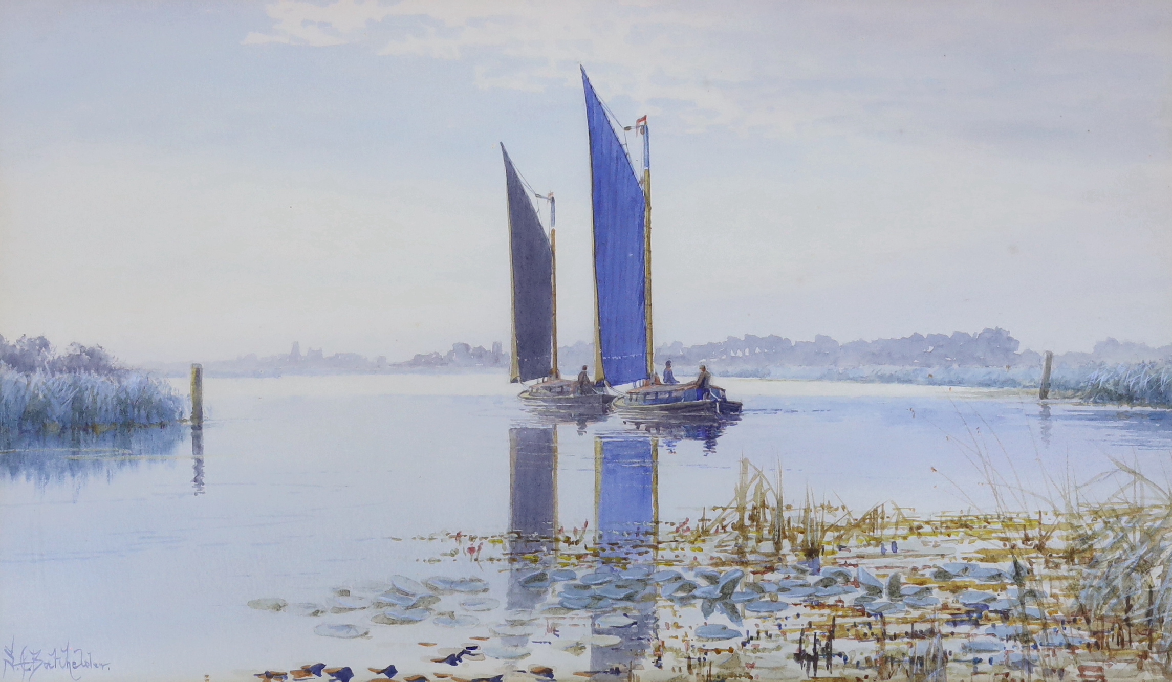 Stephen John Batchelder (1849-1932), watercolour, Sail barges on a river, signed, 26 x 45cm                                                                                                                                 