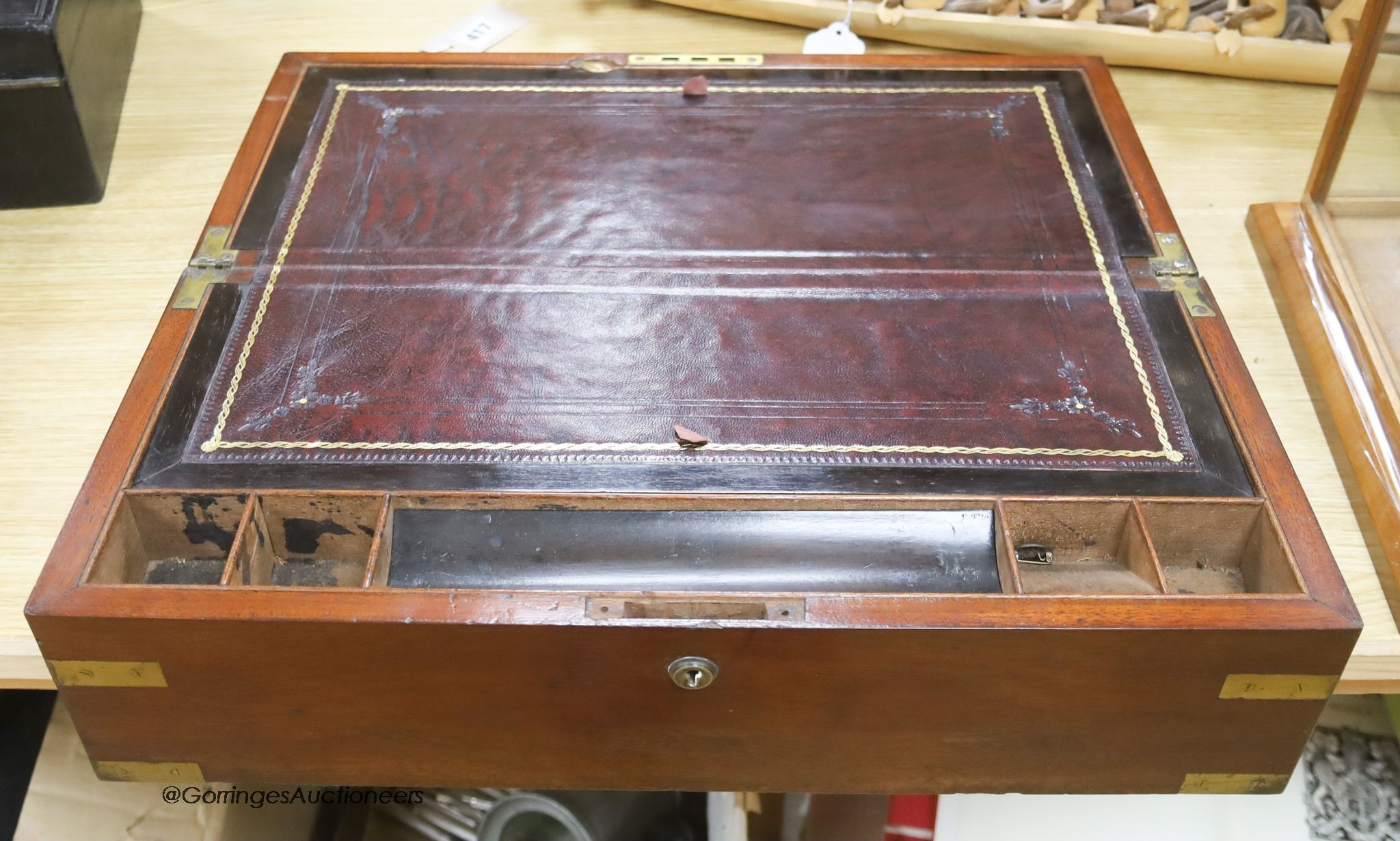 A Victorian brass bound mahogany writing slope, with burgundy leather, length 50cm                                                                                                                                          