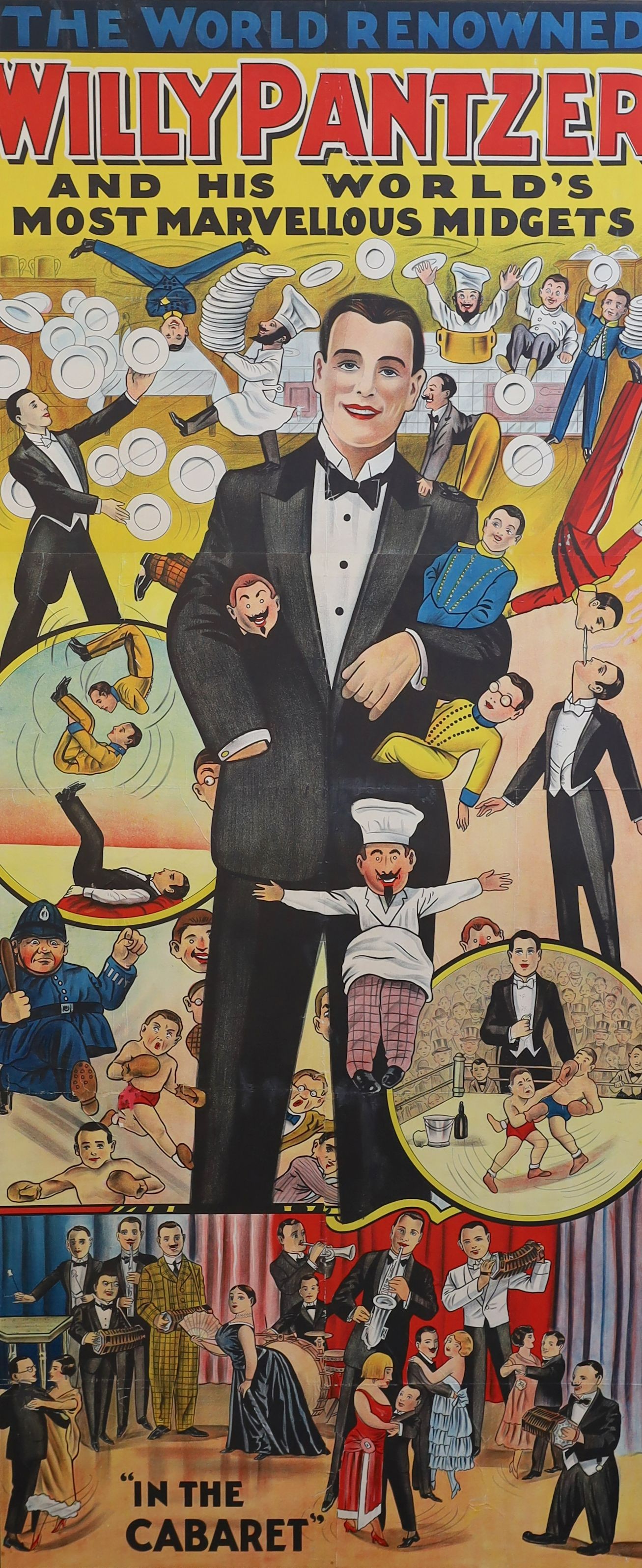 Rolf Kemp. A Moody Brothers limited advertising poster for Willy Pantzer and his World's Most Marvellous Midgets "In the cabaret", 224 x 101cm                                                                              