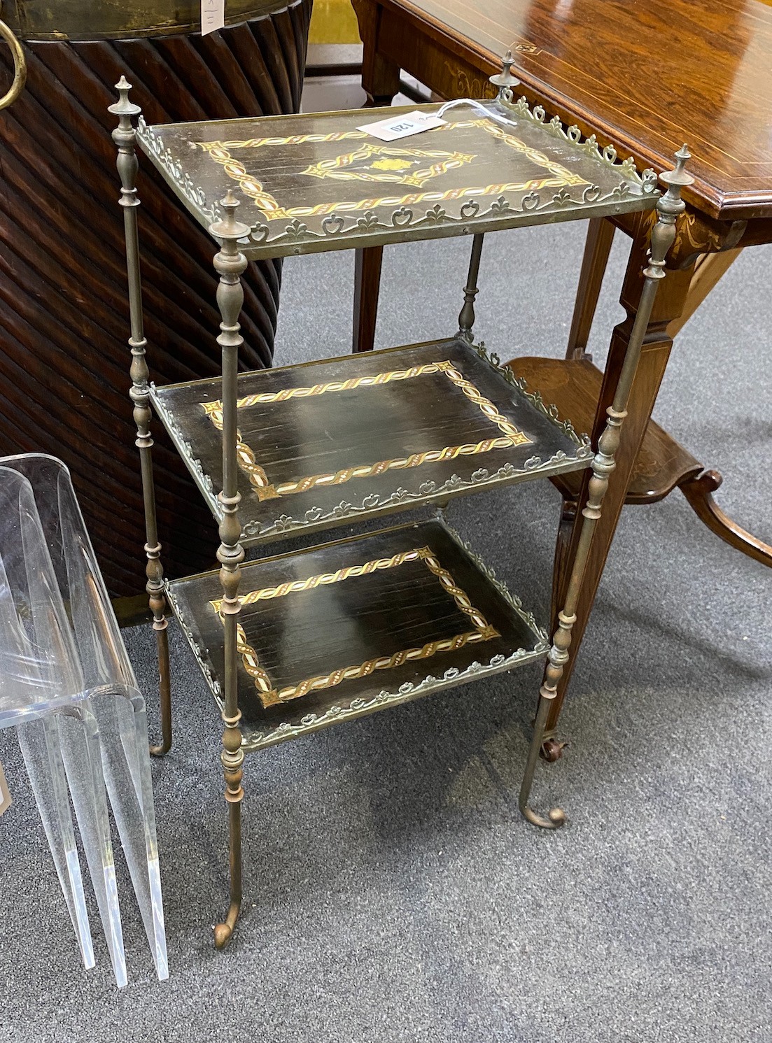 A late 19th century French brass and mother of pearl inlaid three-tiered etagere, width 35cm, depth 26cm, height 75cm                                                                                                       